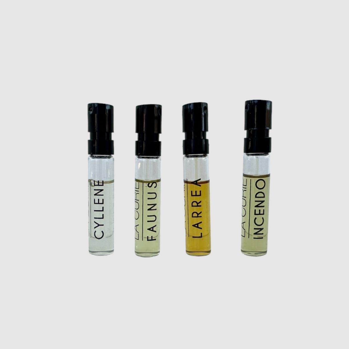 4 Individual 2ml mini Sample Set bottles. Names of samples on front of bottles reading - FAUNUS, INCENDO, CYLLENE, LARREA. 
