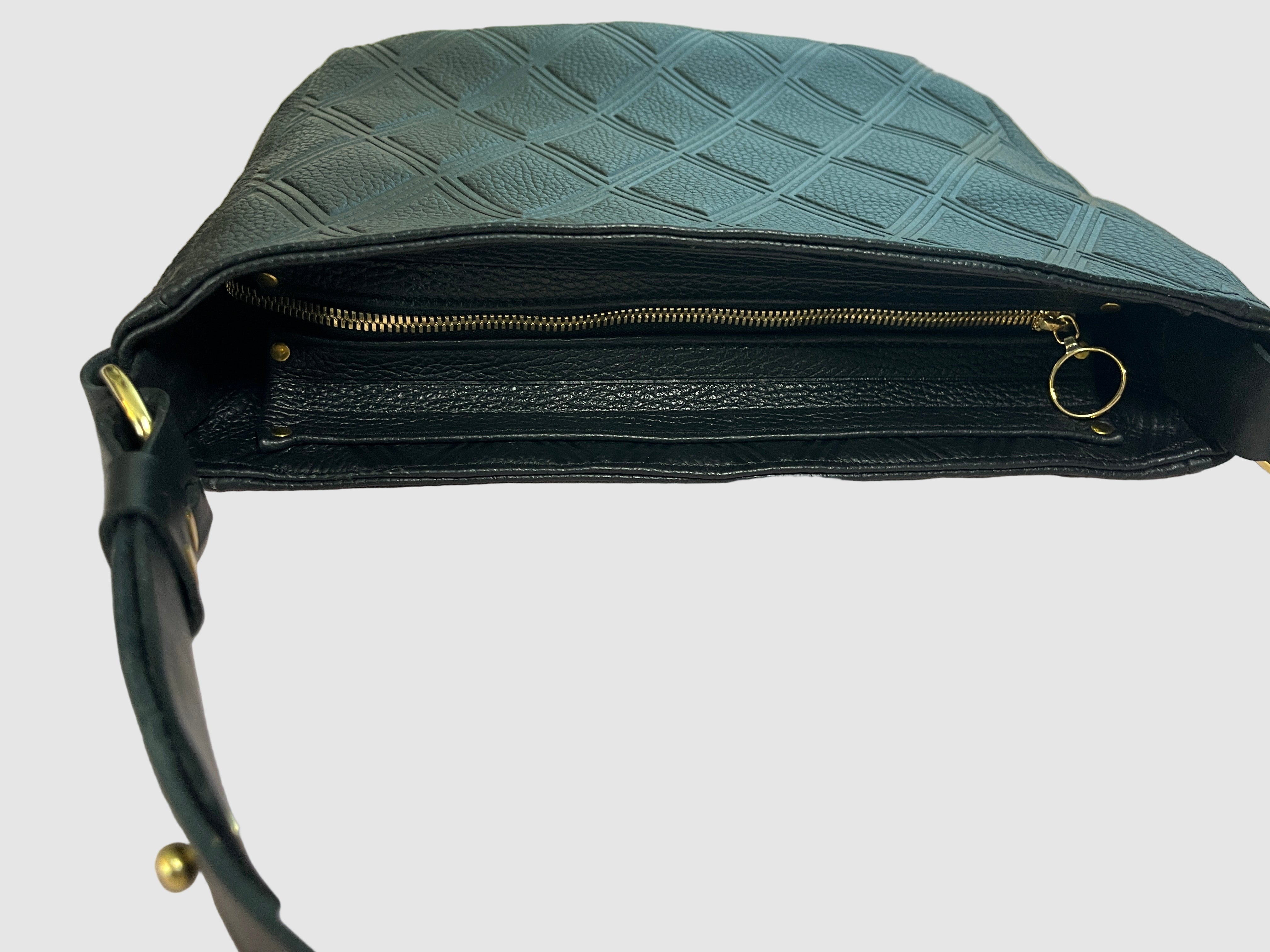 Black leather bag detail, quilted embossed pattern, brass ring attaching leather strap with brass zipper closure  Mellow Dawn, boutique leather handbags . Handmade in Tucson, Arizona