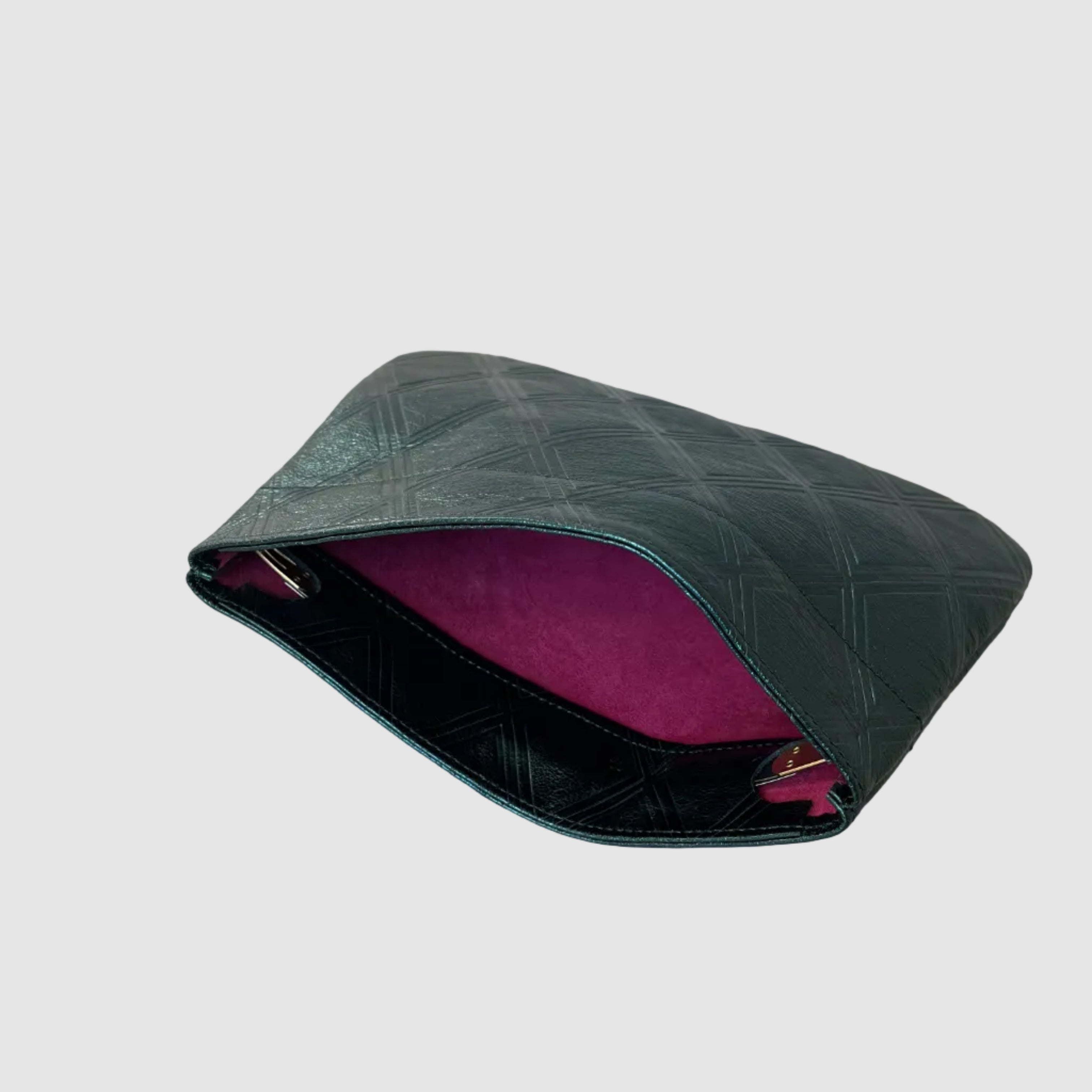 metallic green clutch hot pink interior lining mellow dawn leather goods