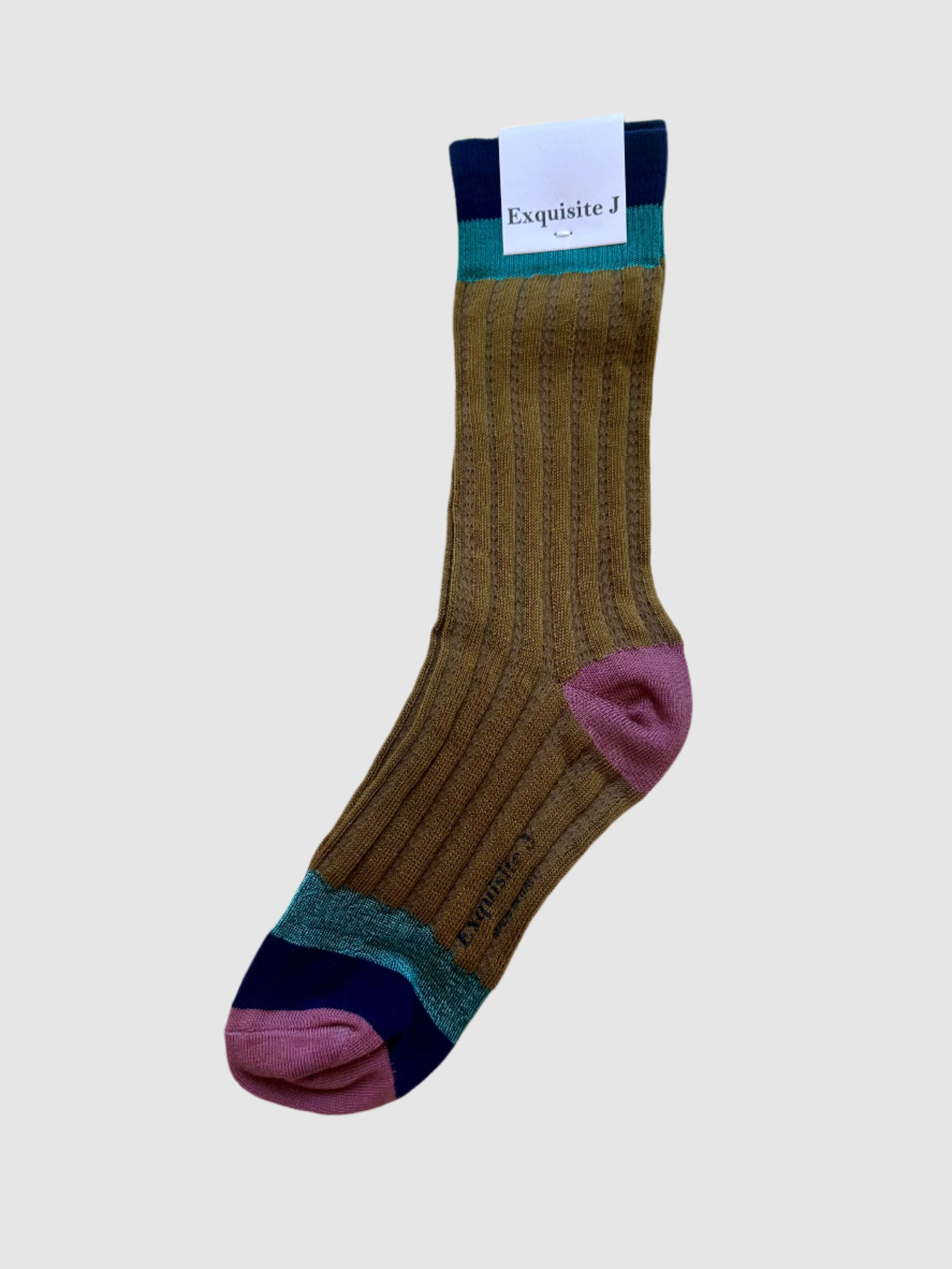 Brown sock with purple accents on a white background