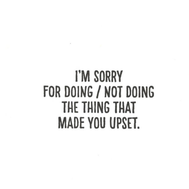 Greeting card with text 'I'm sorry for doing/not doing the thing that made you upset' on a white background.