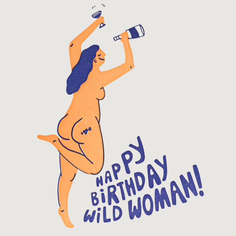 Greeting card with a stylized illustration of a woman and 'Happy Birthday Wild Woman!' text on a yellow background