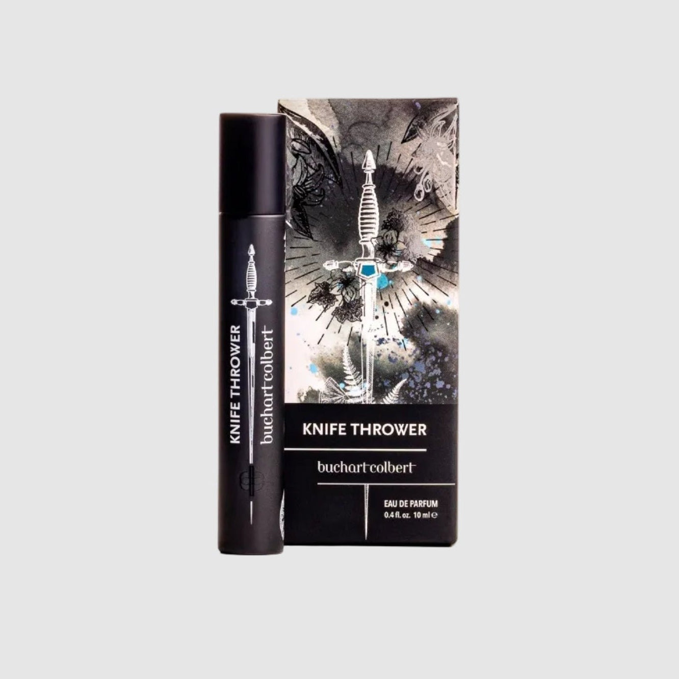 Bucharrt Colbert 10mL Knife Thrower perfume bottle and packaging on a light gray background