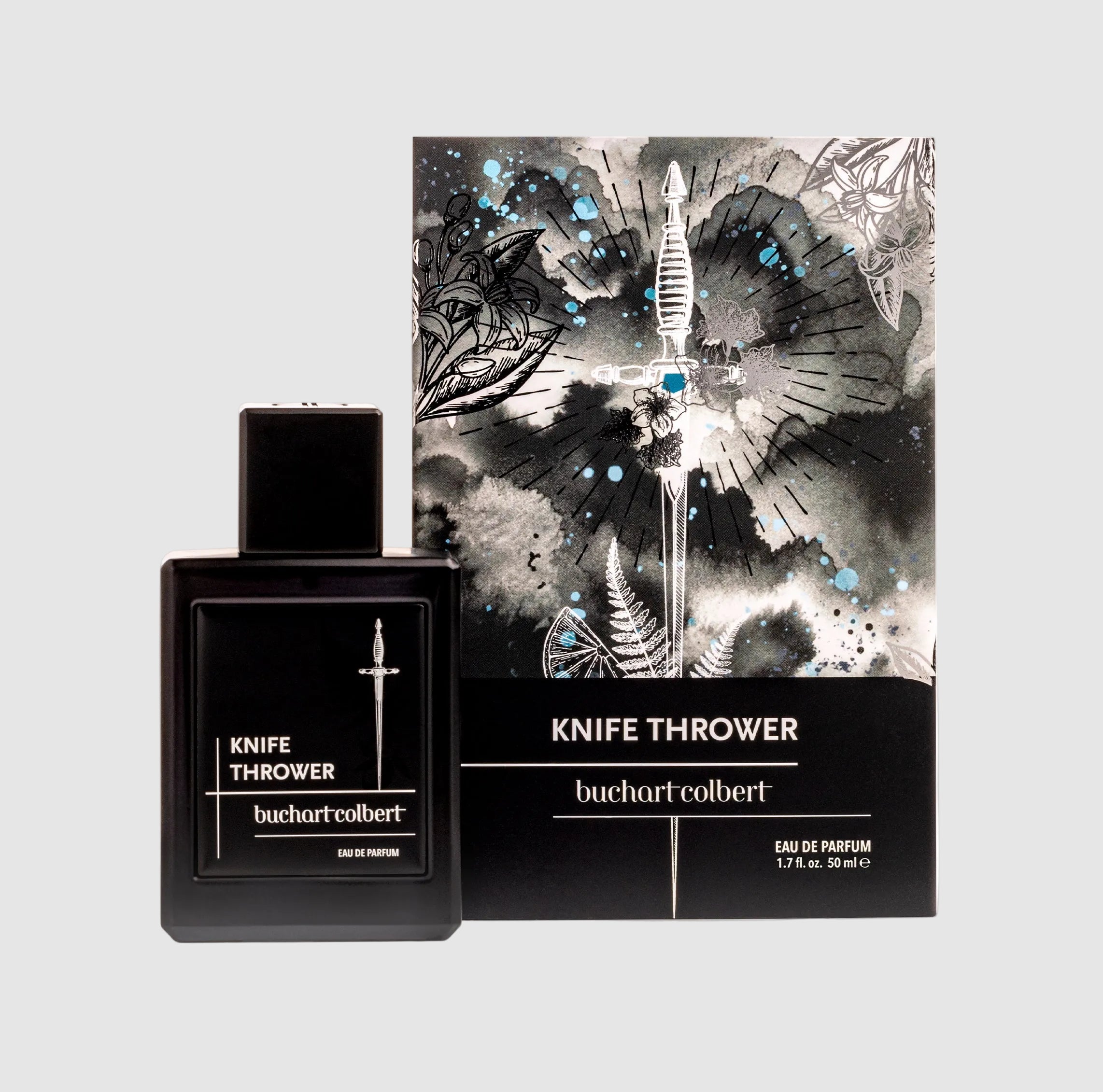 Black, Buchart Colbert, 50ml perfume bottle and packaging labeled 'Knife Thrower' on a light gray background