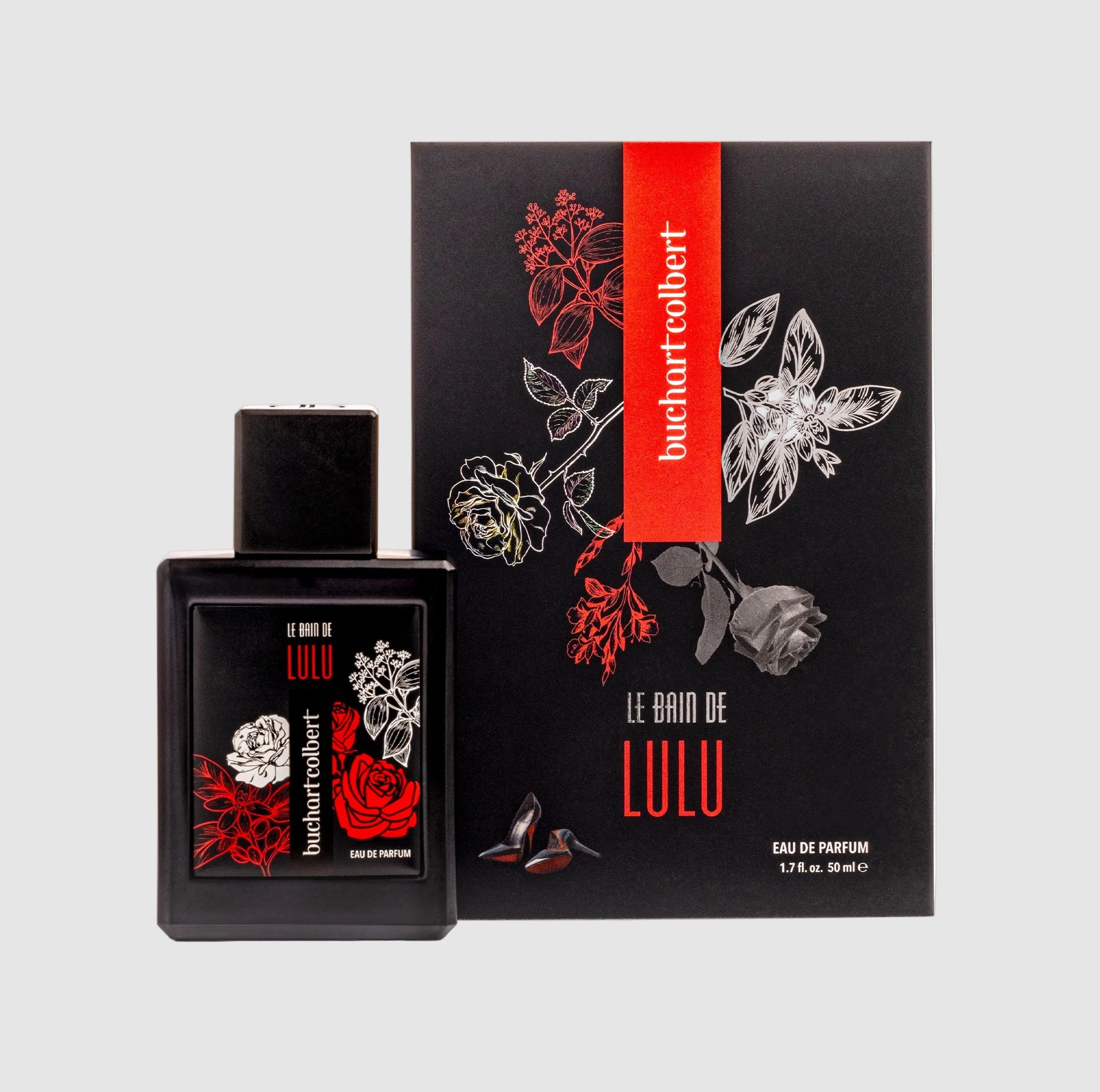 Buchart Colbert, 50ml perfume bottle and packaging labeled 'Le Bain De Lulu' on a light gray background
