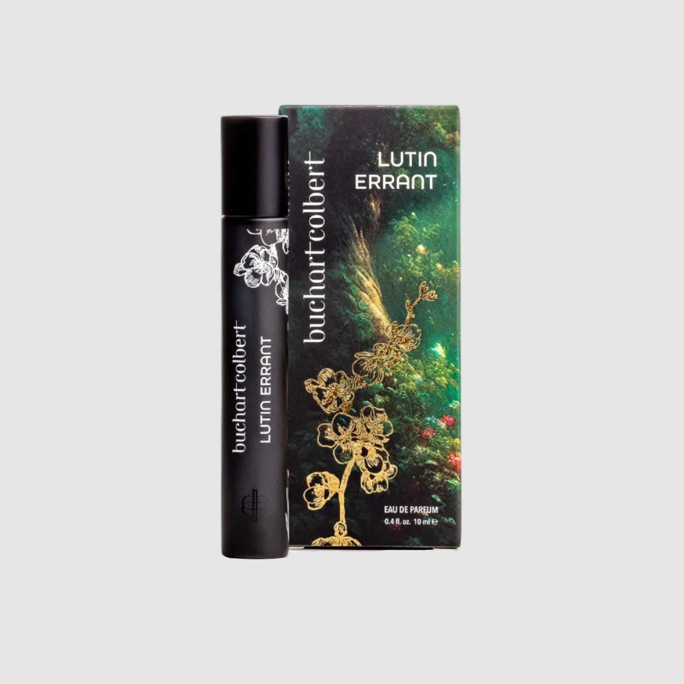Buchart Colbert, 10ml perfume bottle and packaging labeled 'Lutin Errant' on a light gray background