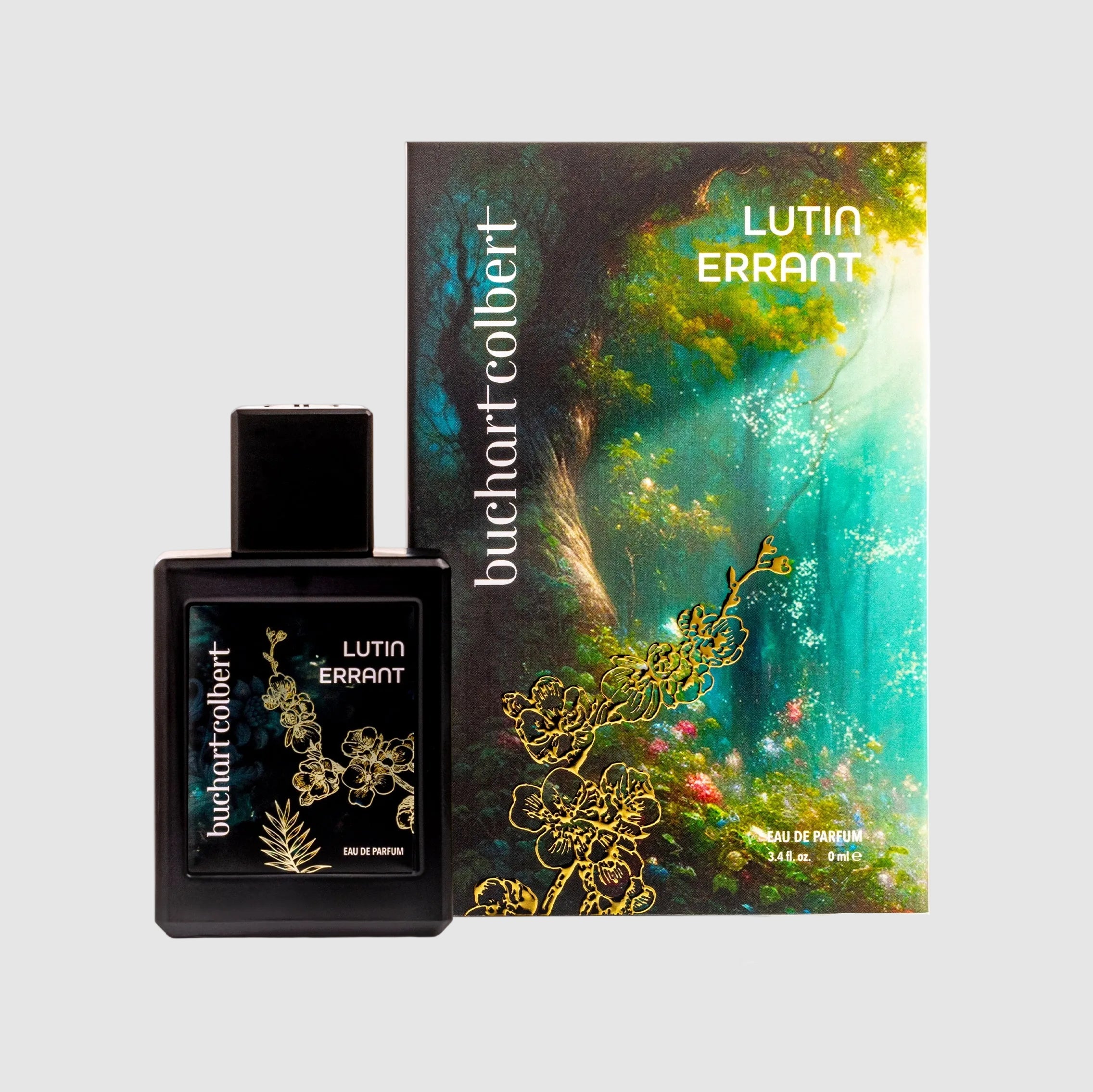 Buchart Colbert, 50ml perfume bottle and packaging labeled 'Lutin Errant' on a light gray background