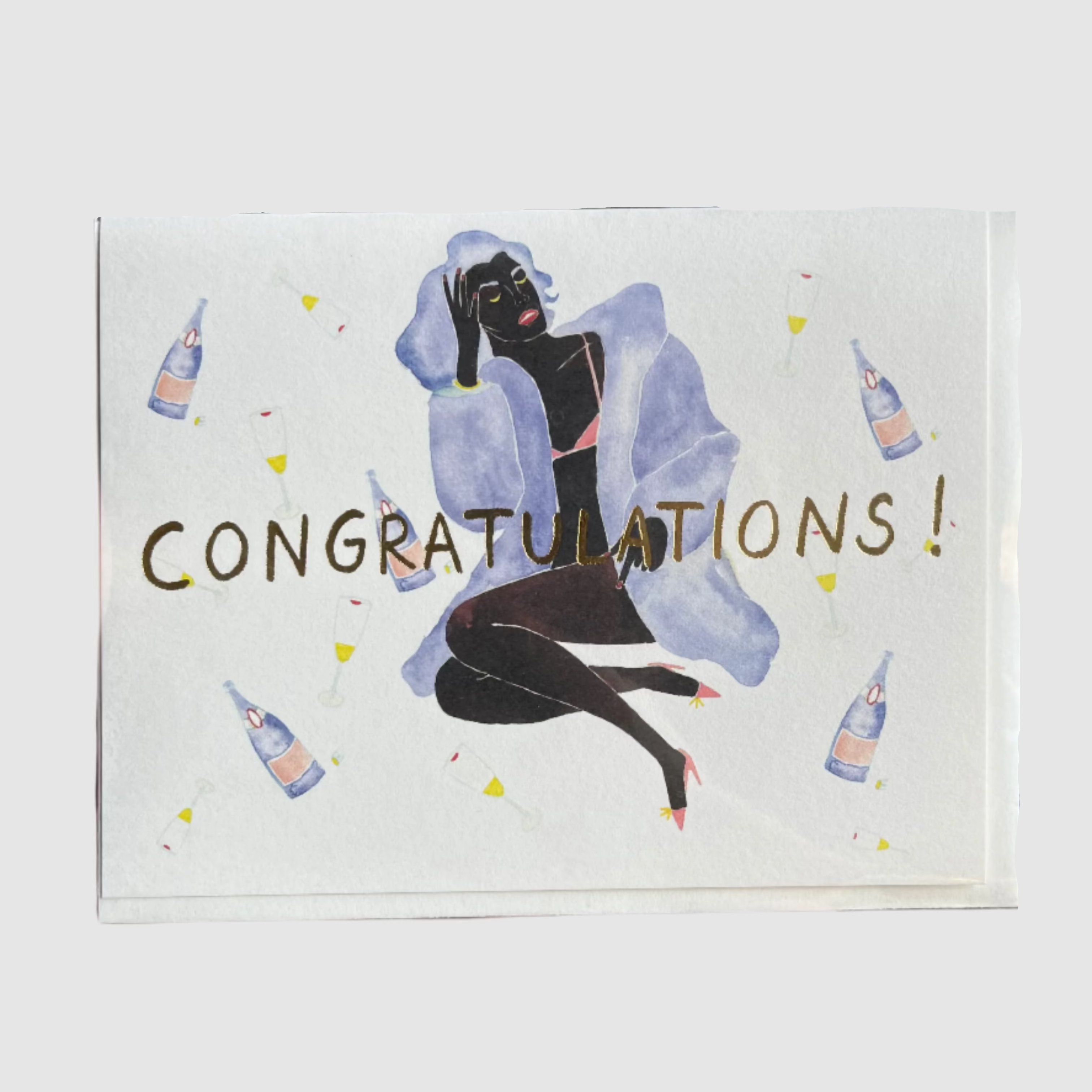 card with a congratulatory design featuring a person in a blue coat surrounded by bottles.