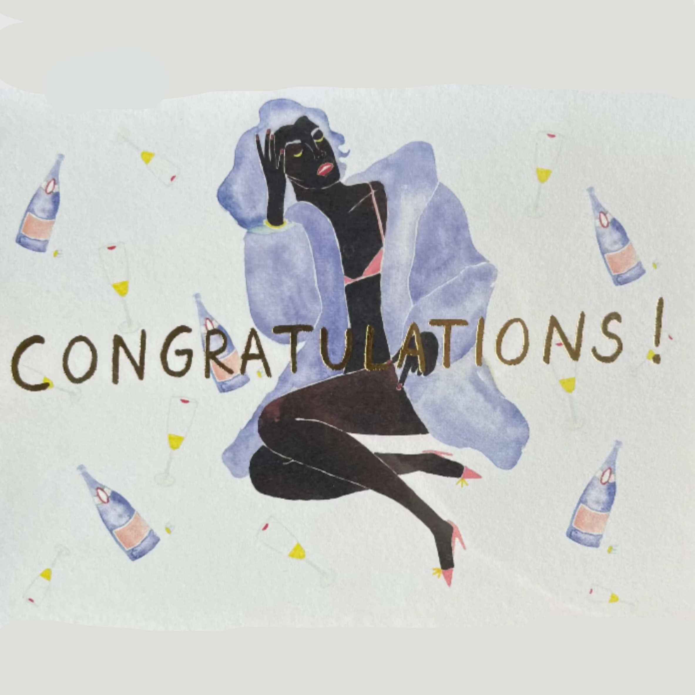 Greeting card with a stylized illustration of a woman and 'Congratulations!' text on a light background.