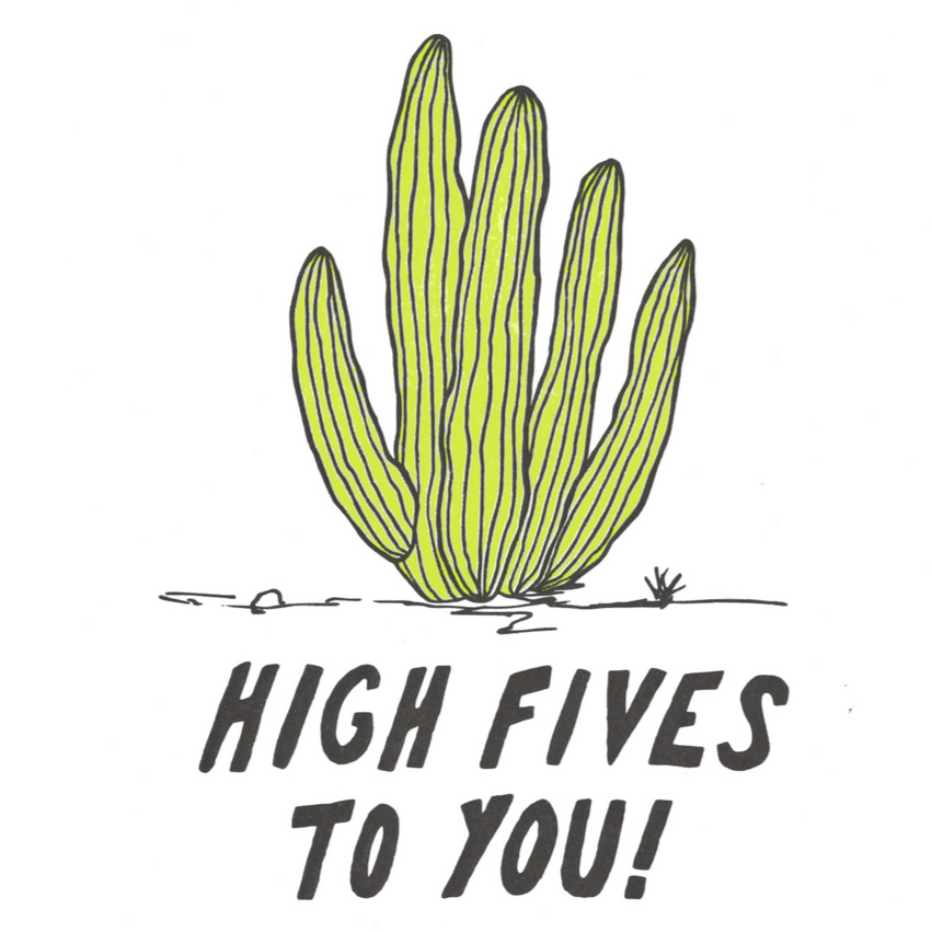 Greeting card with a cactus illustration and 'High Fives to You!' text, featuring a brown envelope.