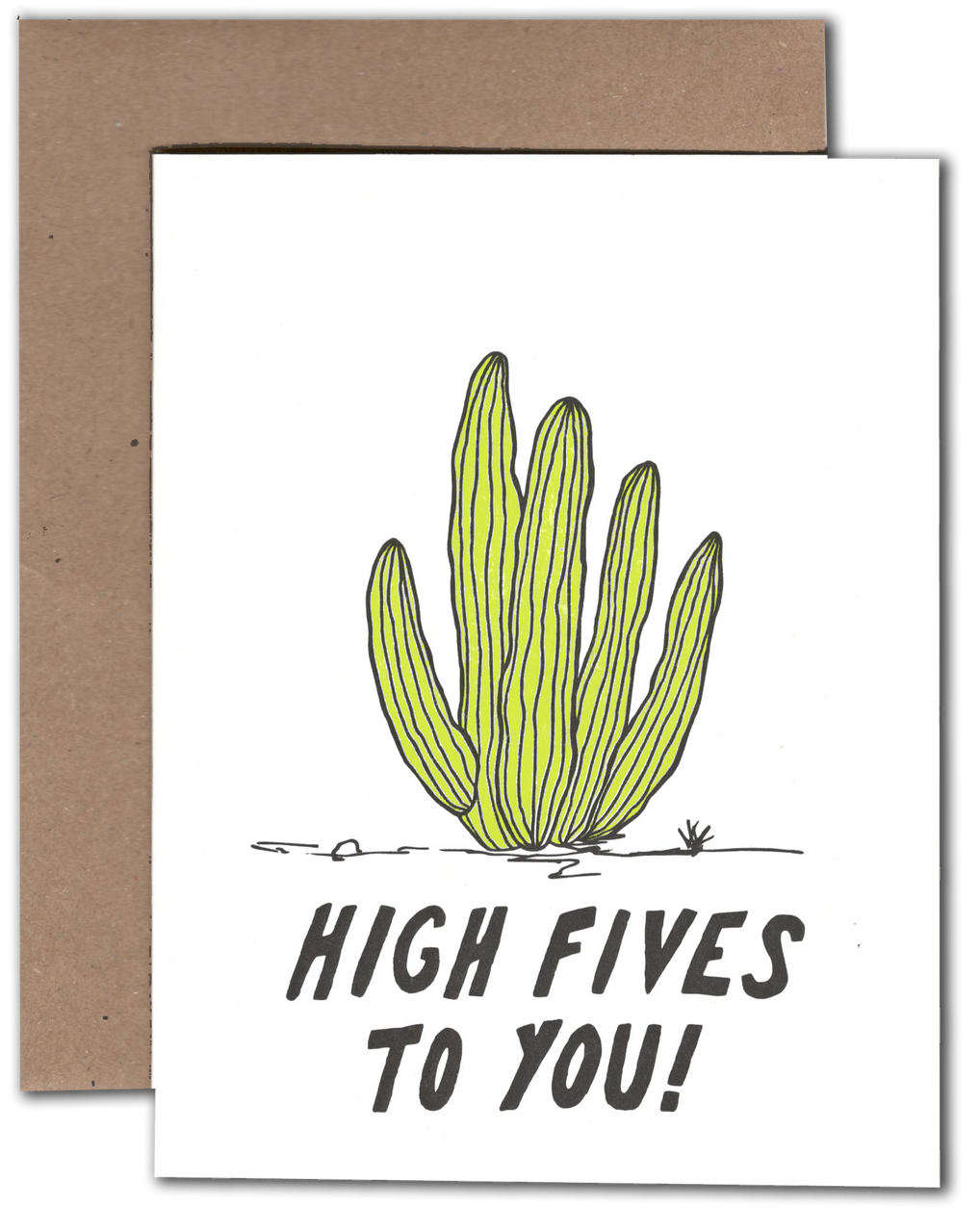 Greeting card with a cactus illustration and 'High Fives to You!' text, featuring a brown envelope.
