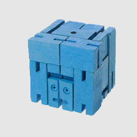 Blue toy robot made of interlocking blocks on a white background