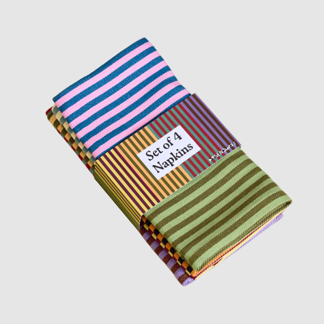 Set of four DusenDusen striped napkins in pink, blue, orange, and green on a light grey background.