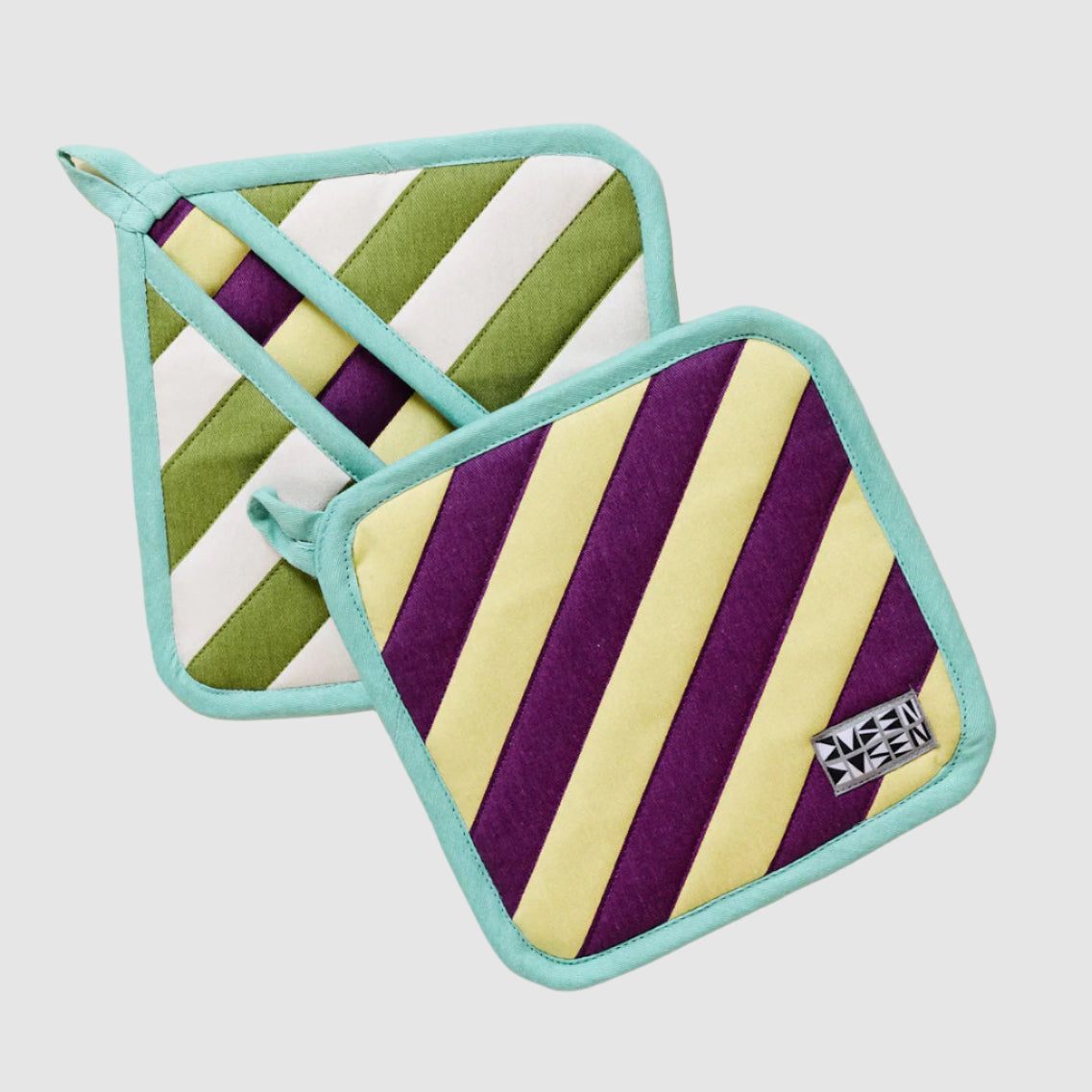 Set of two quilted DusenDusen potholders with green, purple, yellow, and white diagonal striped pattern on a light grey background