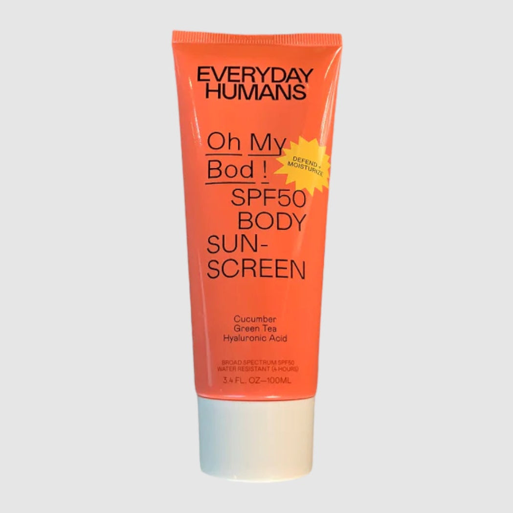 A tube of EVERYDAY HUMANS Oh My BOD SPF 50 Sunscreen, with orange packaging.