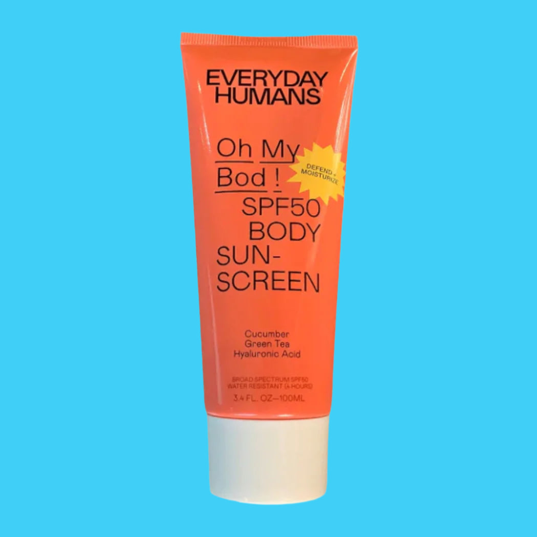 Orange tube of 'Everyday Humans Oh My Bod! SPF50 Body Sunscreen' on a light gray background