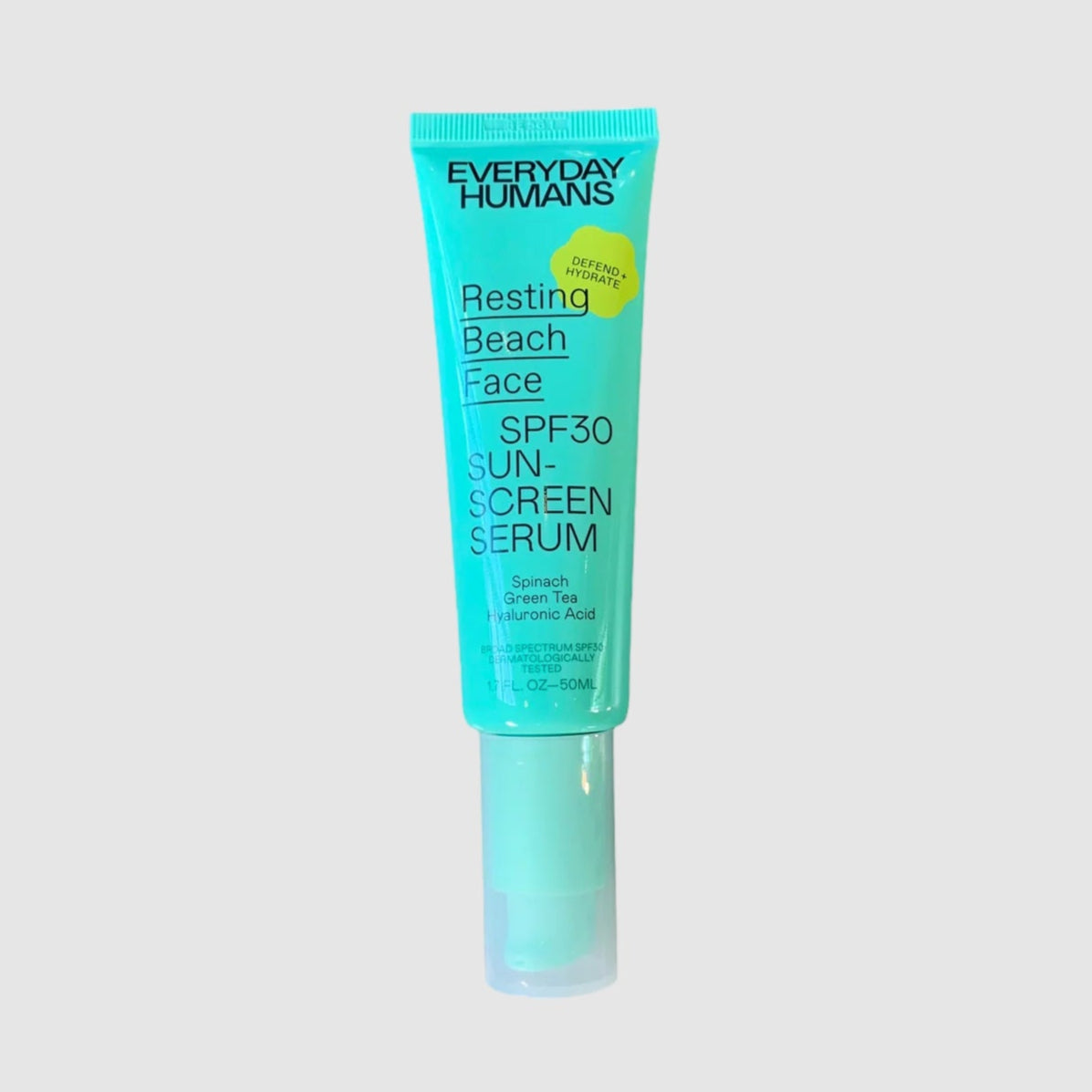 A tube of EVERYDAY HUMANS Resting Beach Face Sunscreen with a turquoise label, indicating SPF30 and containing 1.7 fl oz of product.