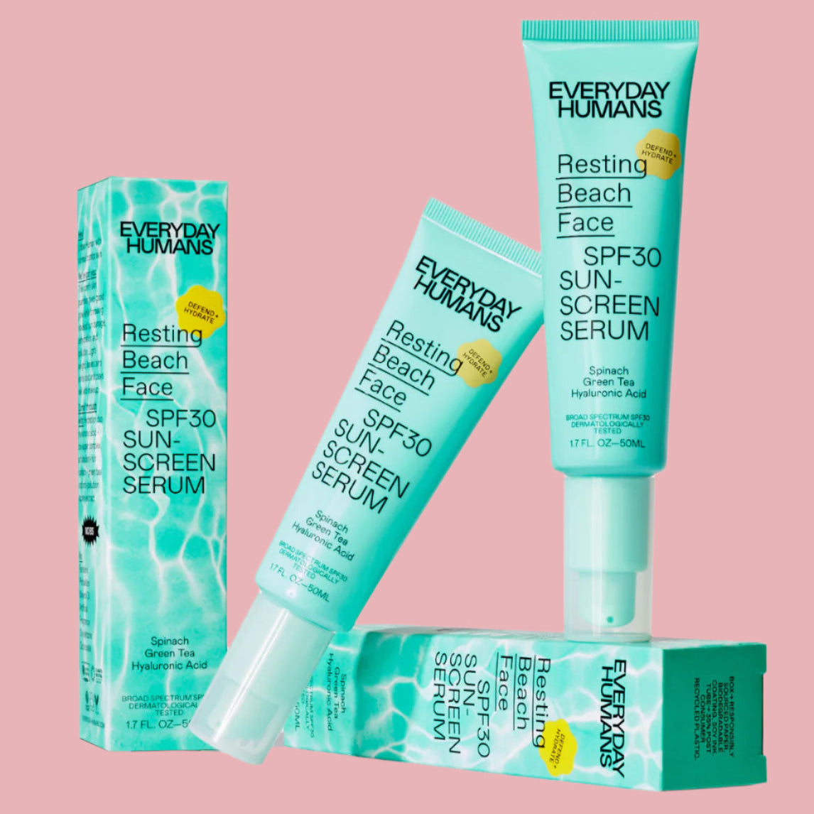 Two bottles and a box of 'Everyday Humans' Resting Beach Face SPF 30 sunscreen serum on a white background.