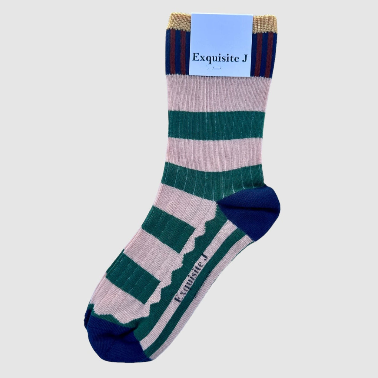 A pair of striped socks with green, pink, and blue colors, featuring royal blue toe and footbed, with the brand label 'Exquisite J' visible.
