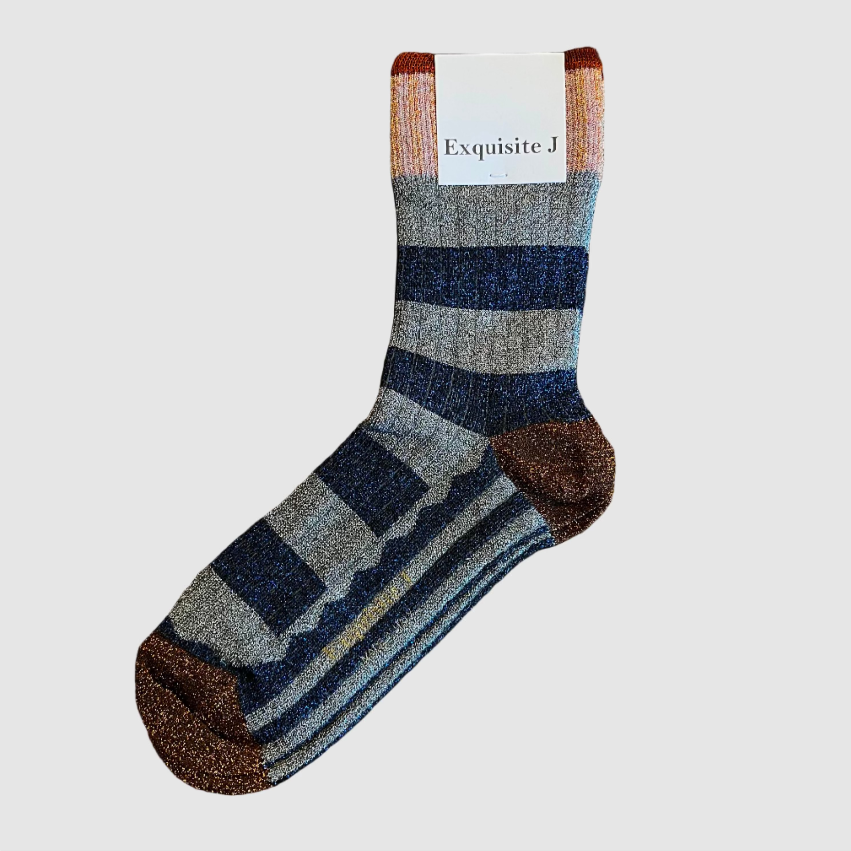 Striped sock on a  light grey background with 'Exquisite J' label