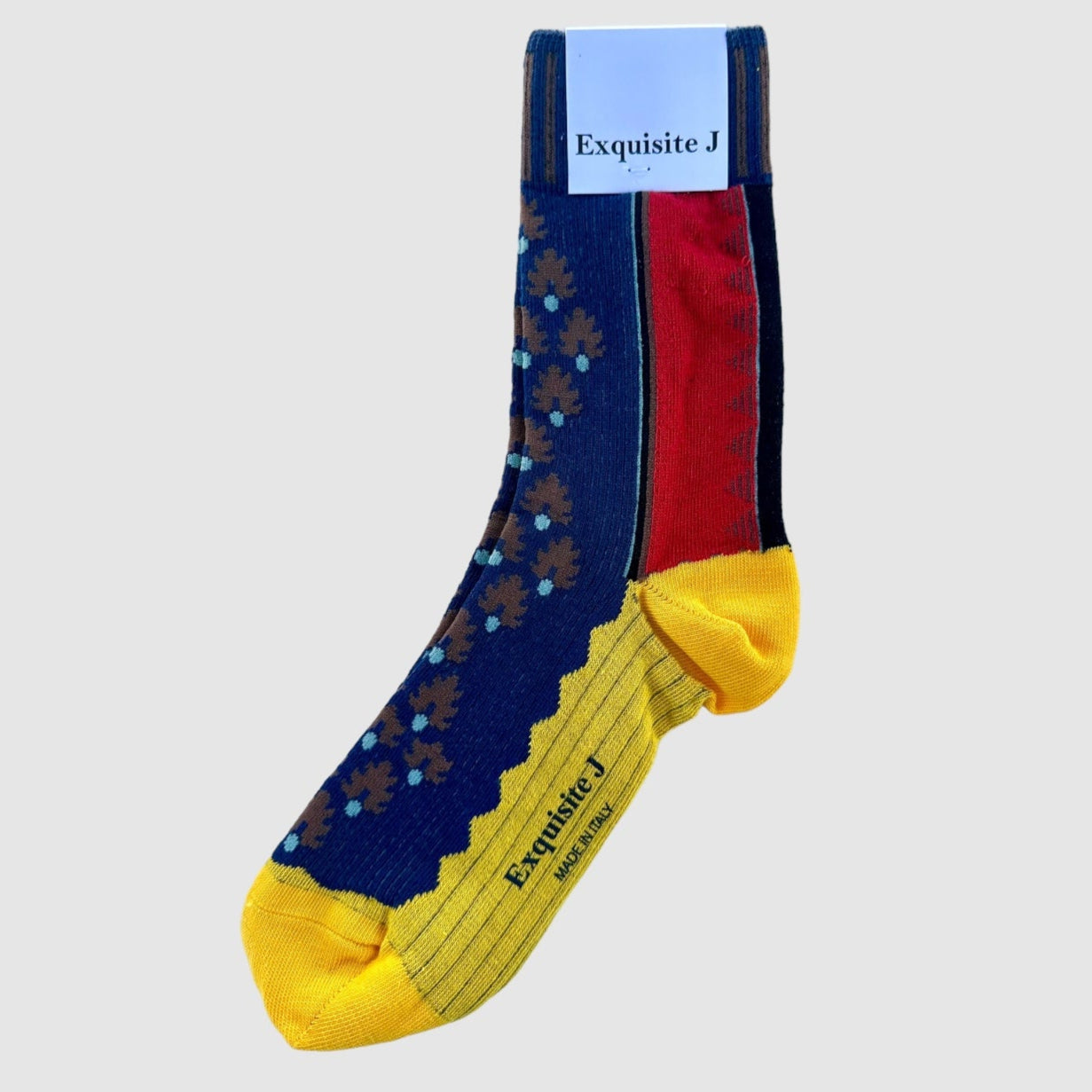A pair of colorful socks with a combination of blue, orange, and yellow colors, featuring a pattern and brand tag.