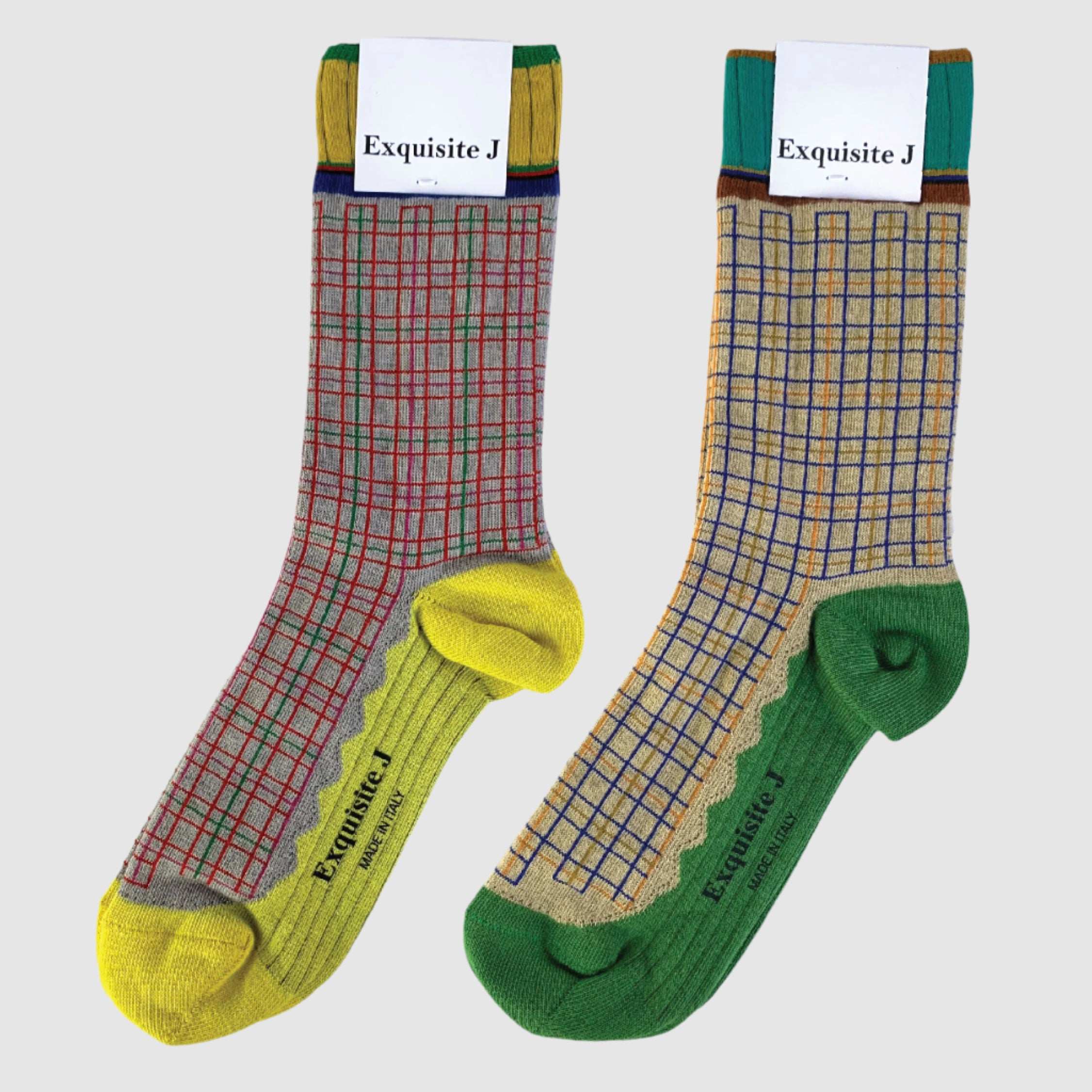 Two pairs of checkered socks with 'Exquisite J' labels on a white background