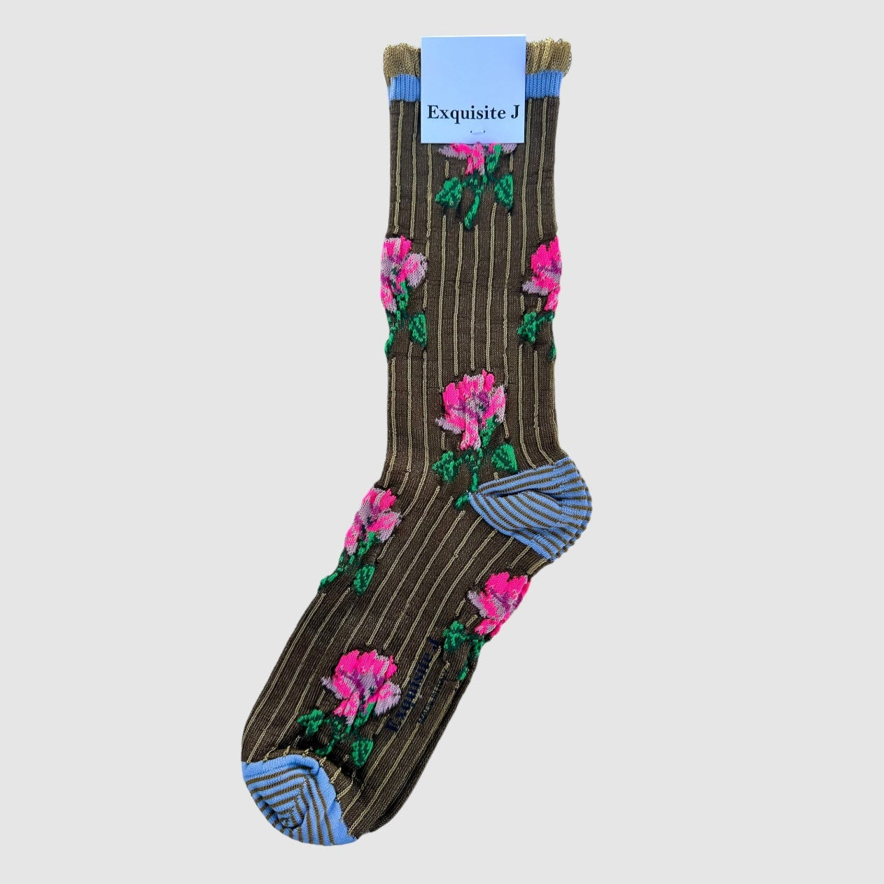 Floral-patterned sock with striped design on a light gray background