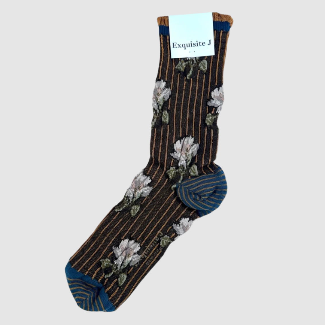 A pair of striped socks with a floral design in a bronze color, displayed on a light grey background.