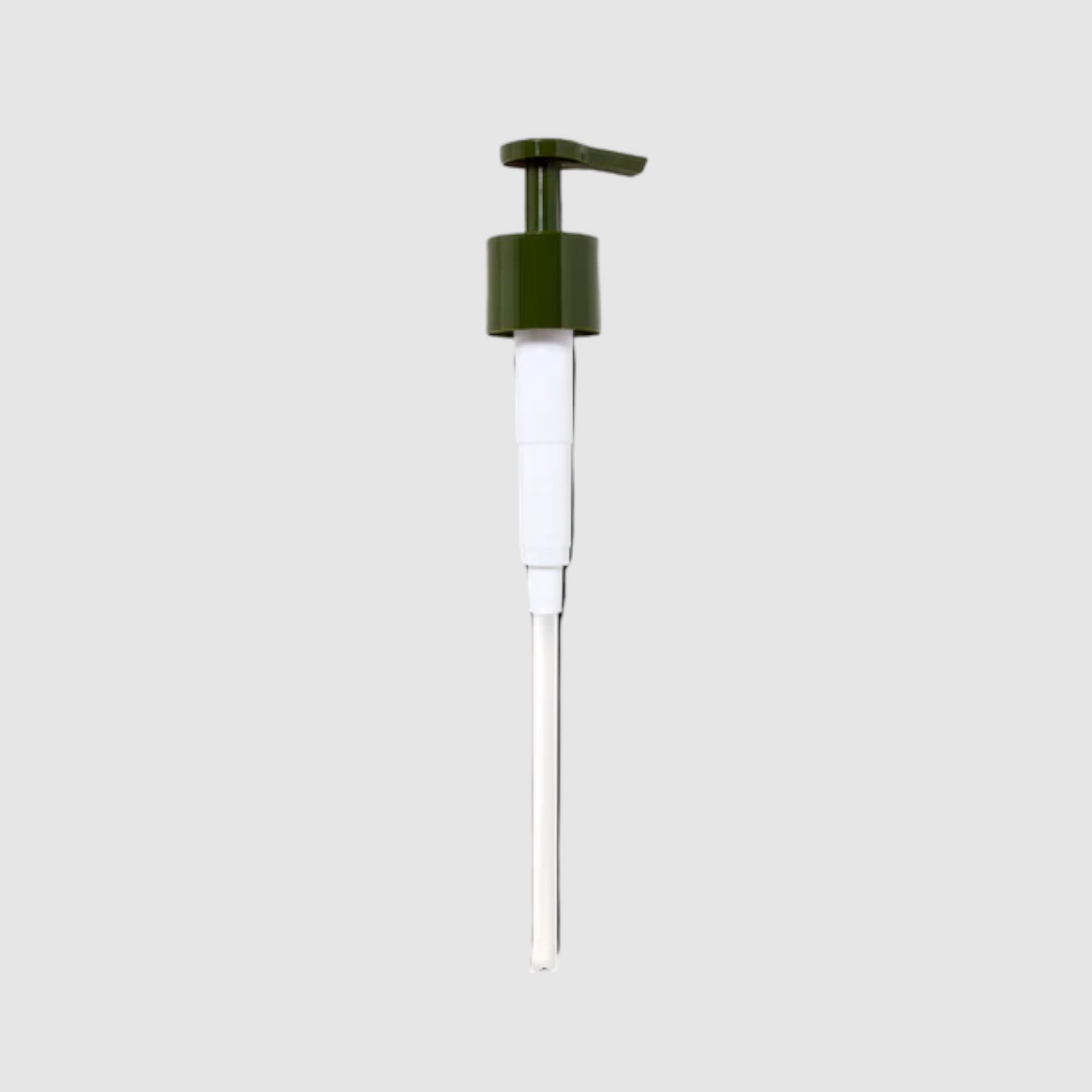 A green and white pump dispenser, likely made of plastic, against a white background