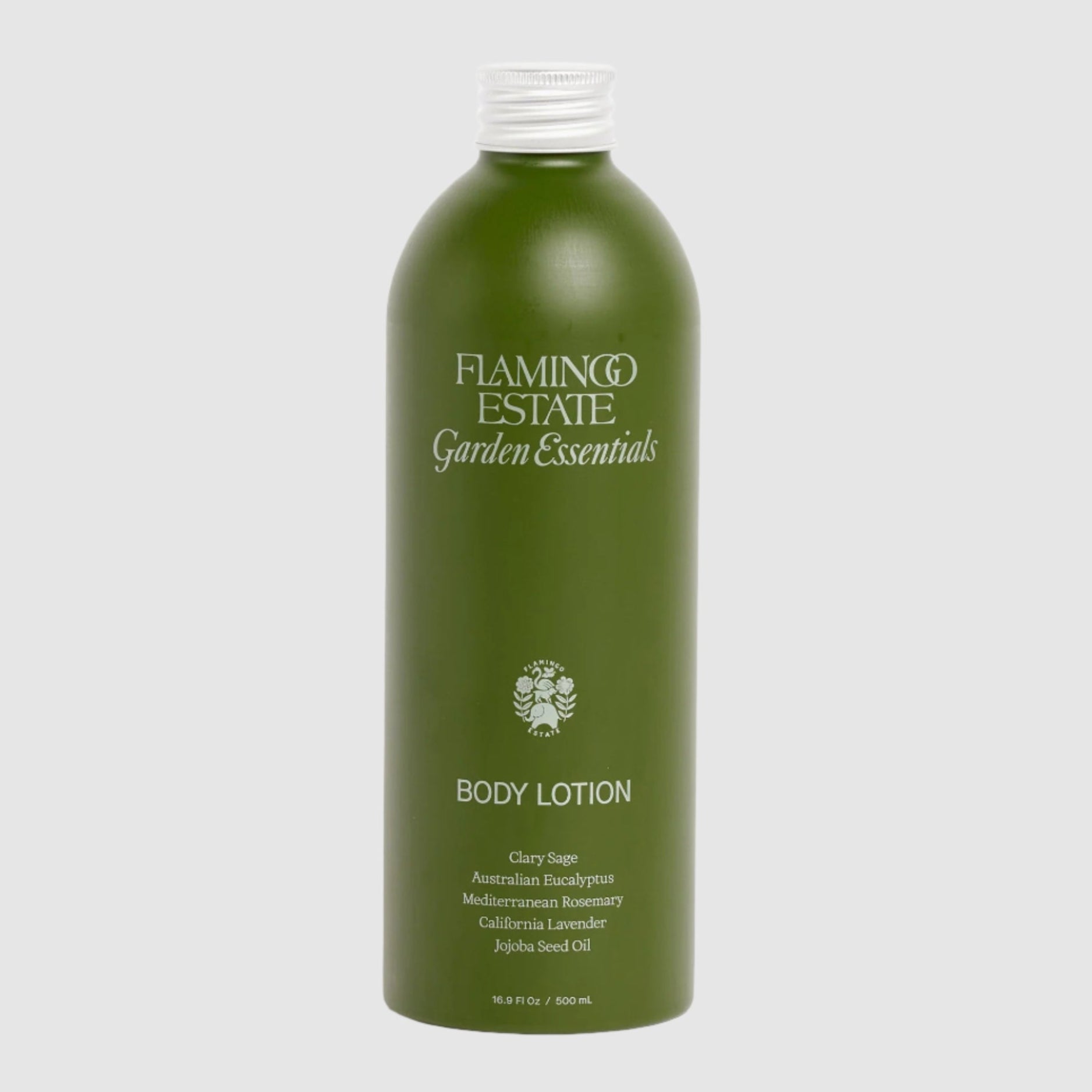 Green bottle of Flamingo Estate Garden Essentials Body Lotion on a white background