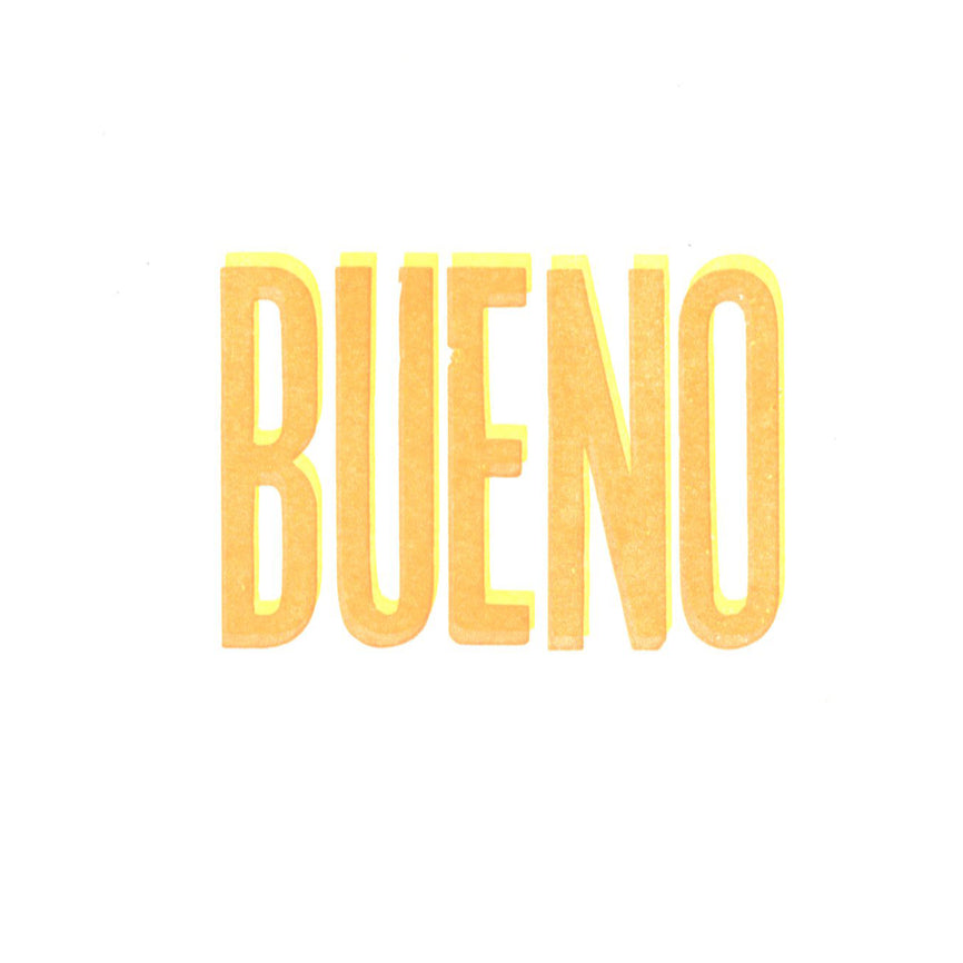 Card with 'BUENO' in yellow on a white background