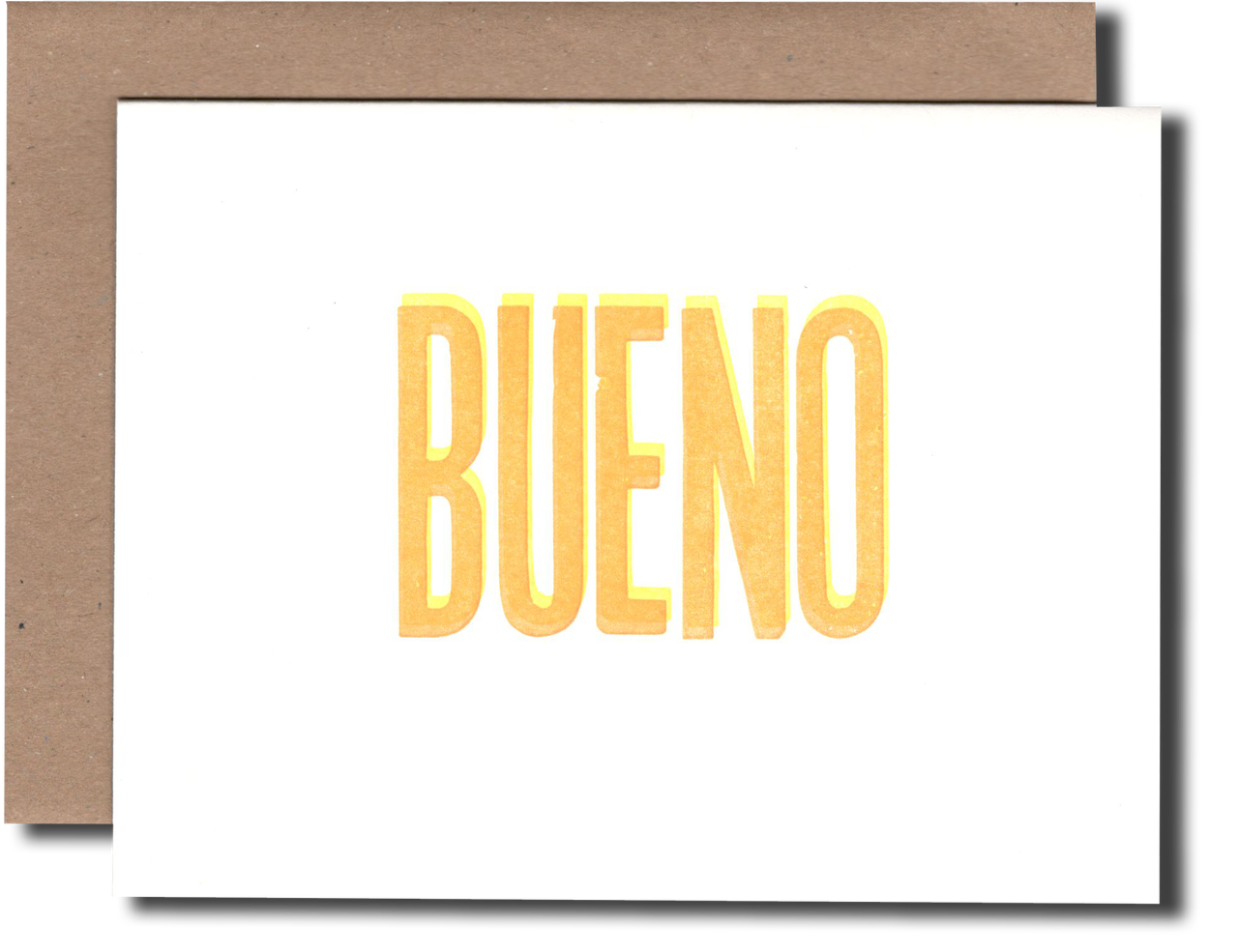 Card with 'BUENO' in yellow on a white background