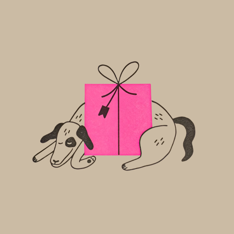 Card with dog illustration and pink gift box on beige background