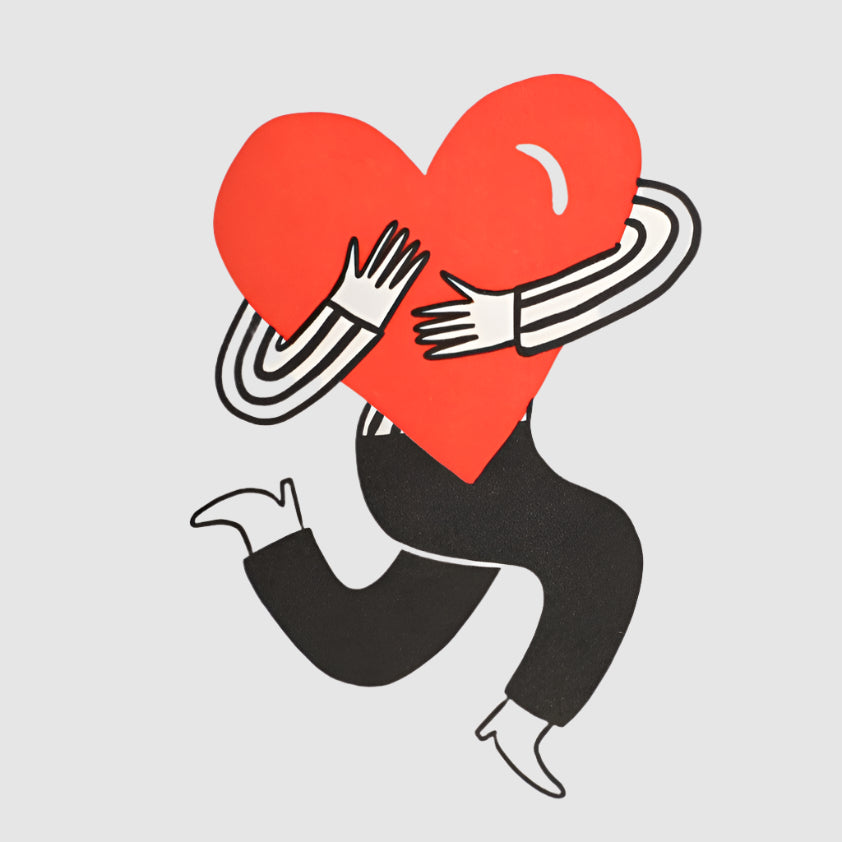 Illustration of a person embracing a large red heart on a white card