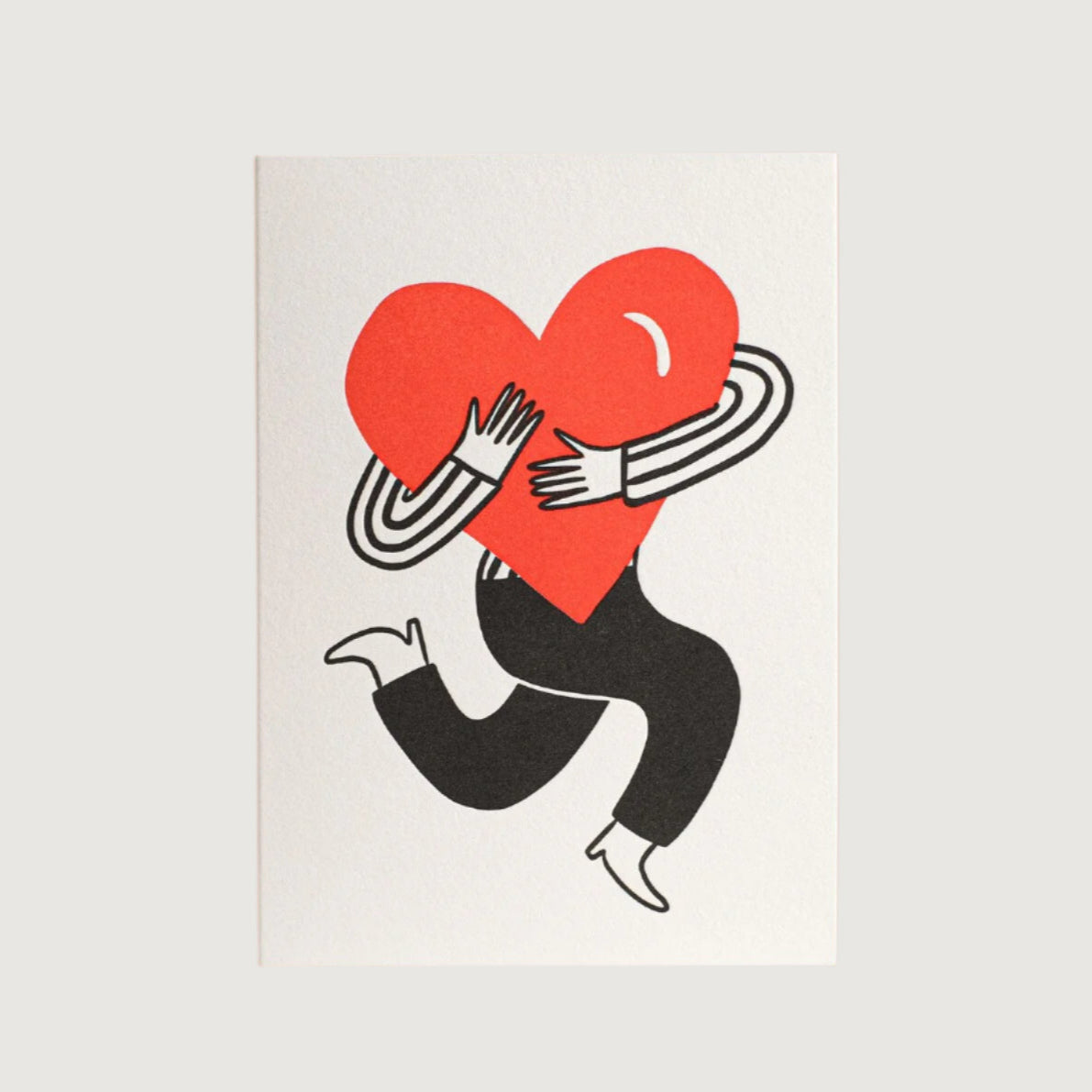 Illustration of a person embracing a large red heart on a white card