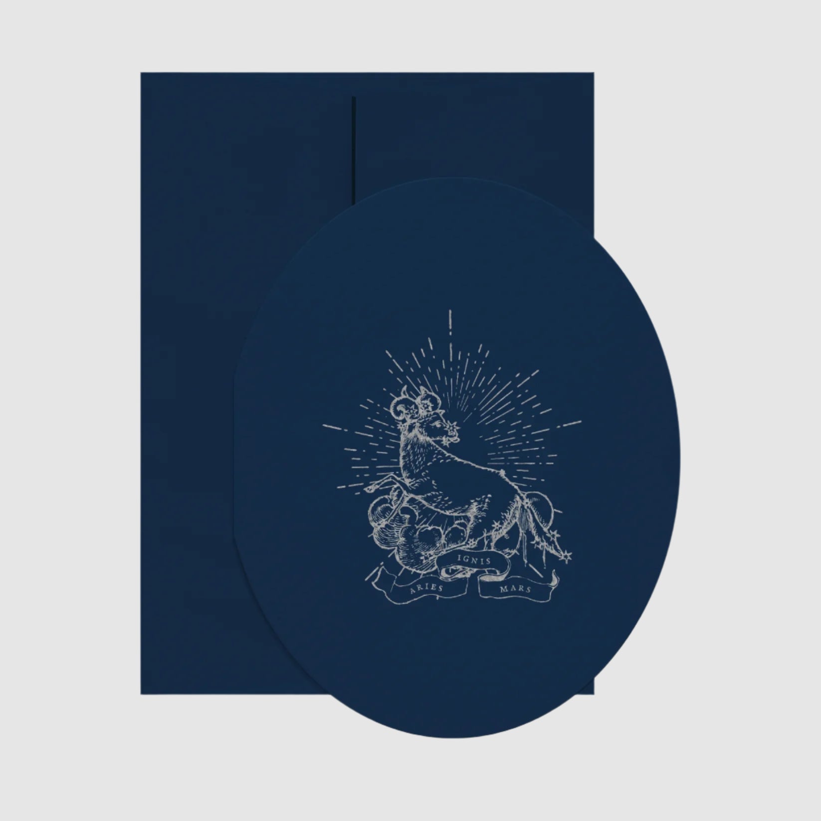 Navy blue card with white graphic design on a white background