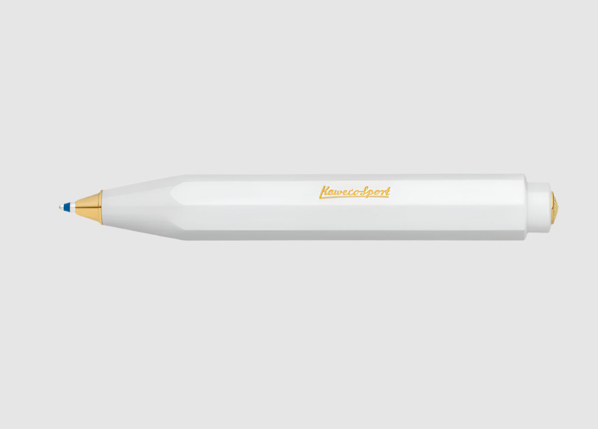 White pen with gold accents on a white background