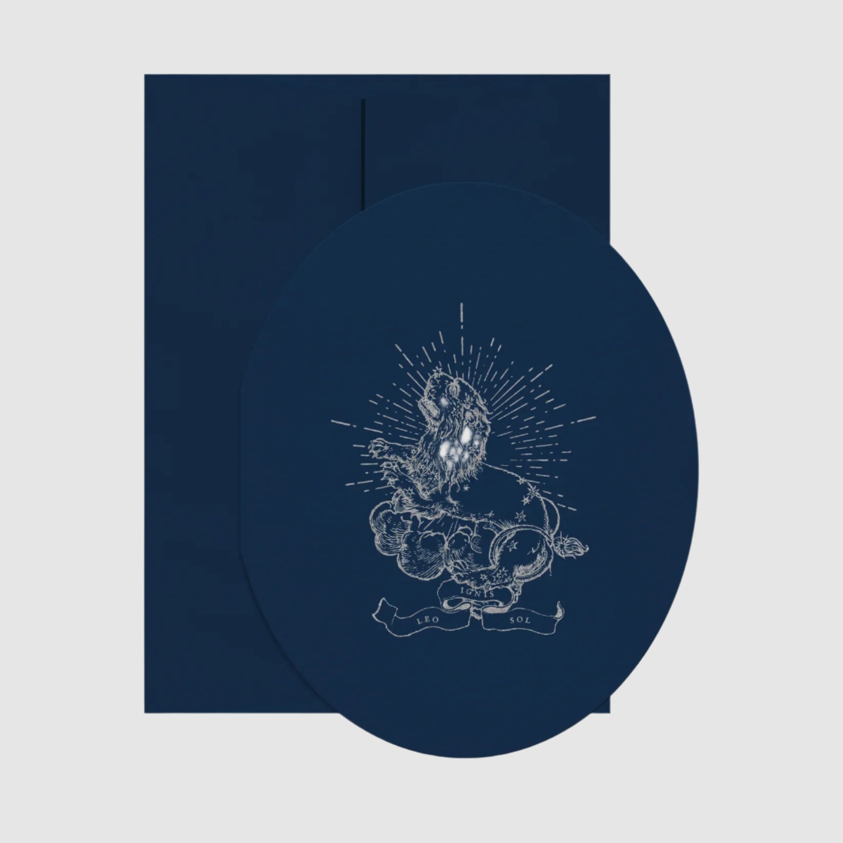 Navy blue circular product with white graphic design on a white background