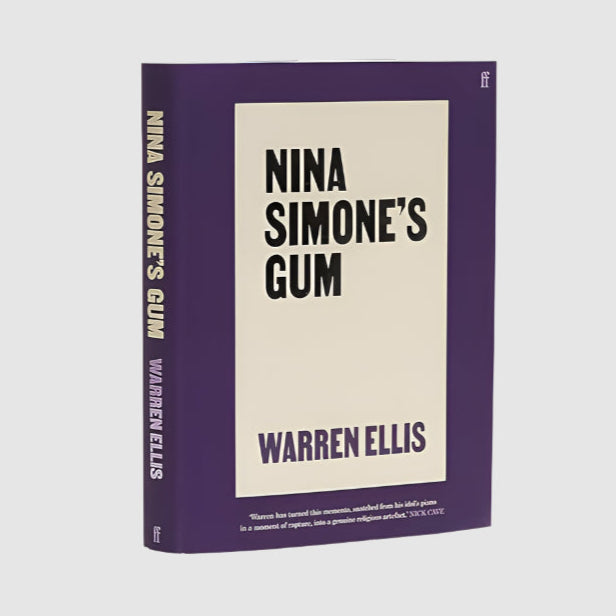 Book titled 'Nina Simone's Gum' by Warren Ellis with a purple cover on a white background