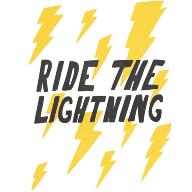 Greeting card with yellow lightning bolts and 'Ride the Lightning' text on a white background