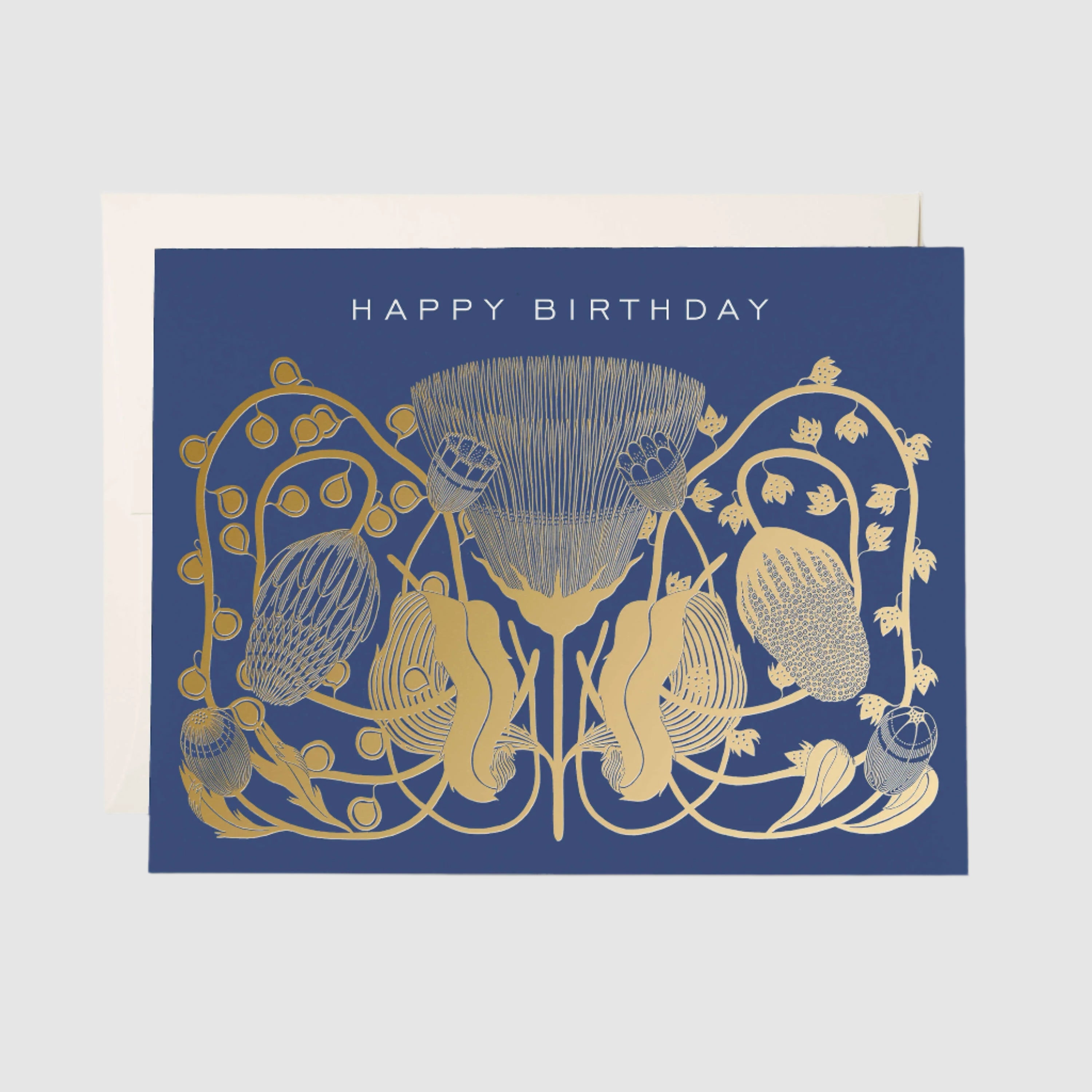 Decorative birthday card with gold floral design on a blue background