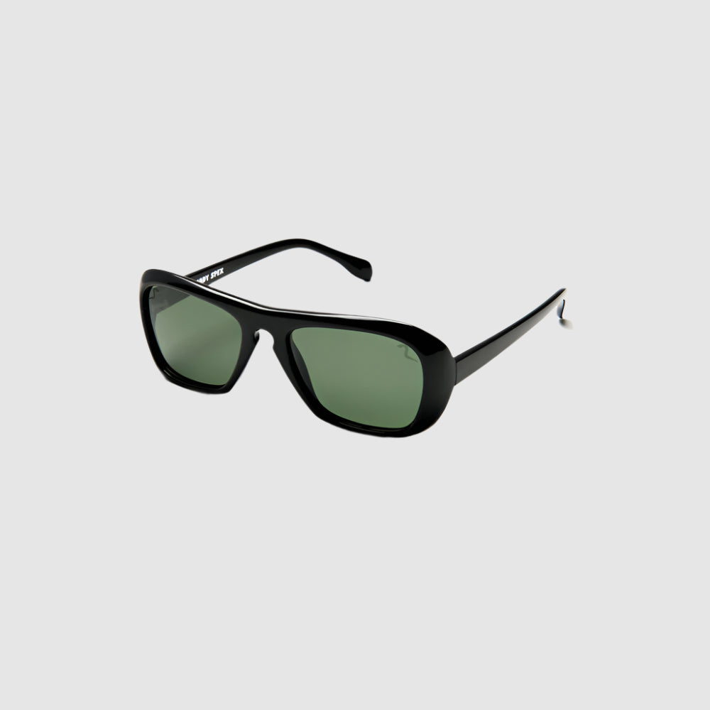 Angled front view of black, 'Kid Congo' style, Shady Spex sunglasses on a light grey background. 