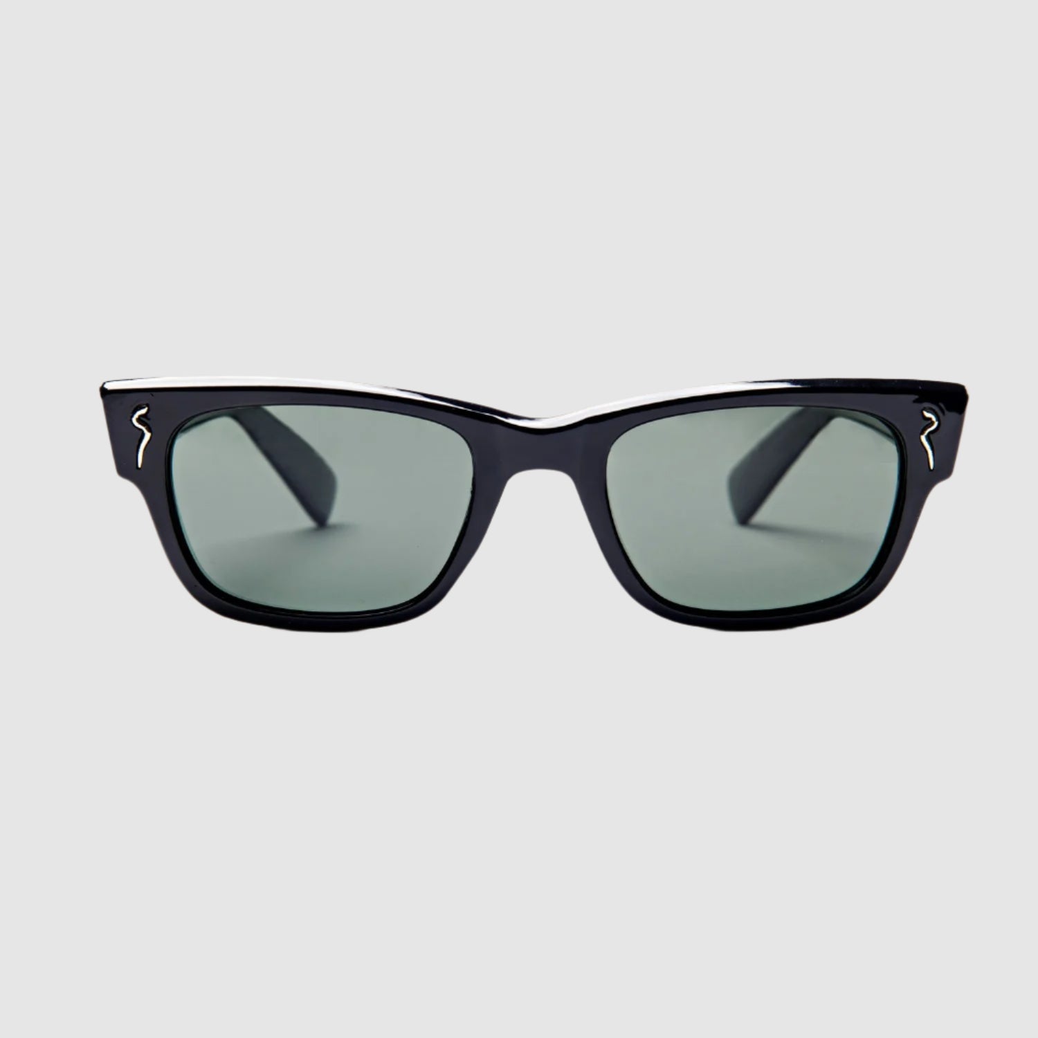Front view of black, 'Subterrannean homesick' style, Shady Spex sunglasses on a light grey background. 