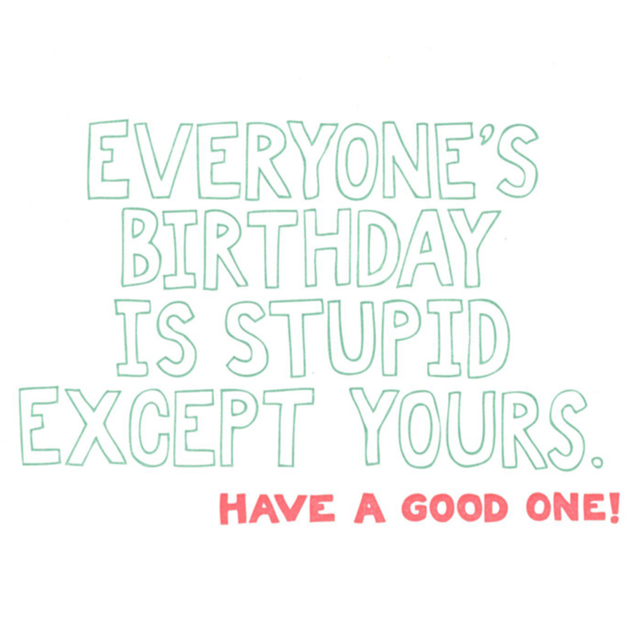 Card with humorous birthday message on a white background