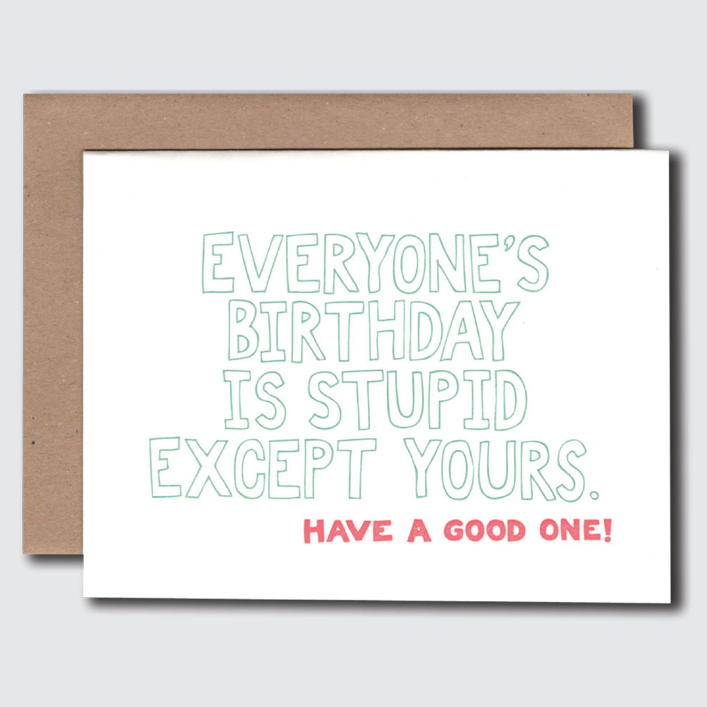 Birthday card with humorous text on a white background