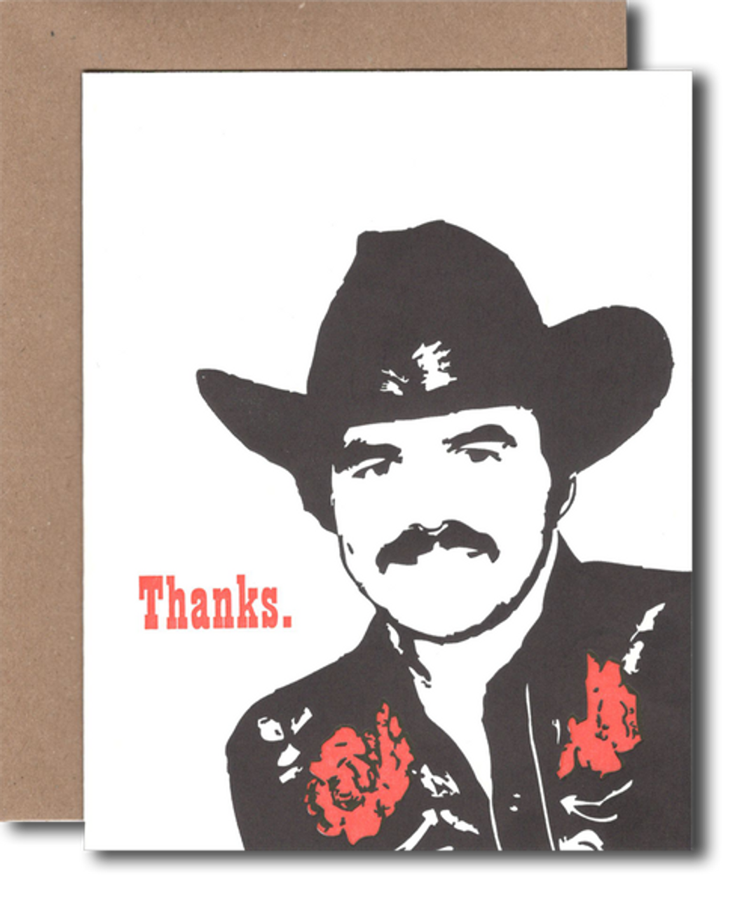Card with a black and white illustration of a man wearing a cowboy hat and jacket, with red text saying 'Thanks.'
