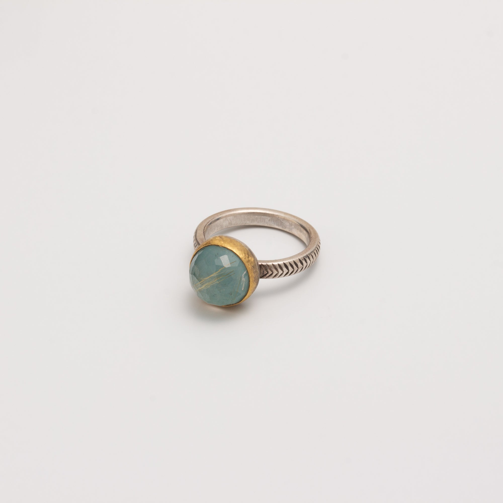 FEATHER ENGRAVED RING // RUTILATED QUARTZ & TURQUOISE