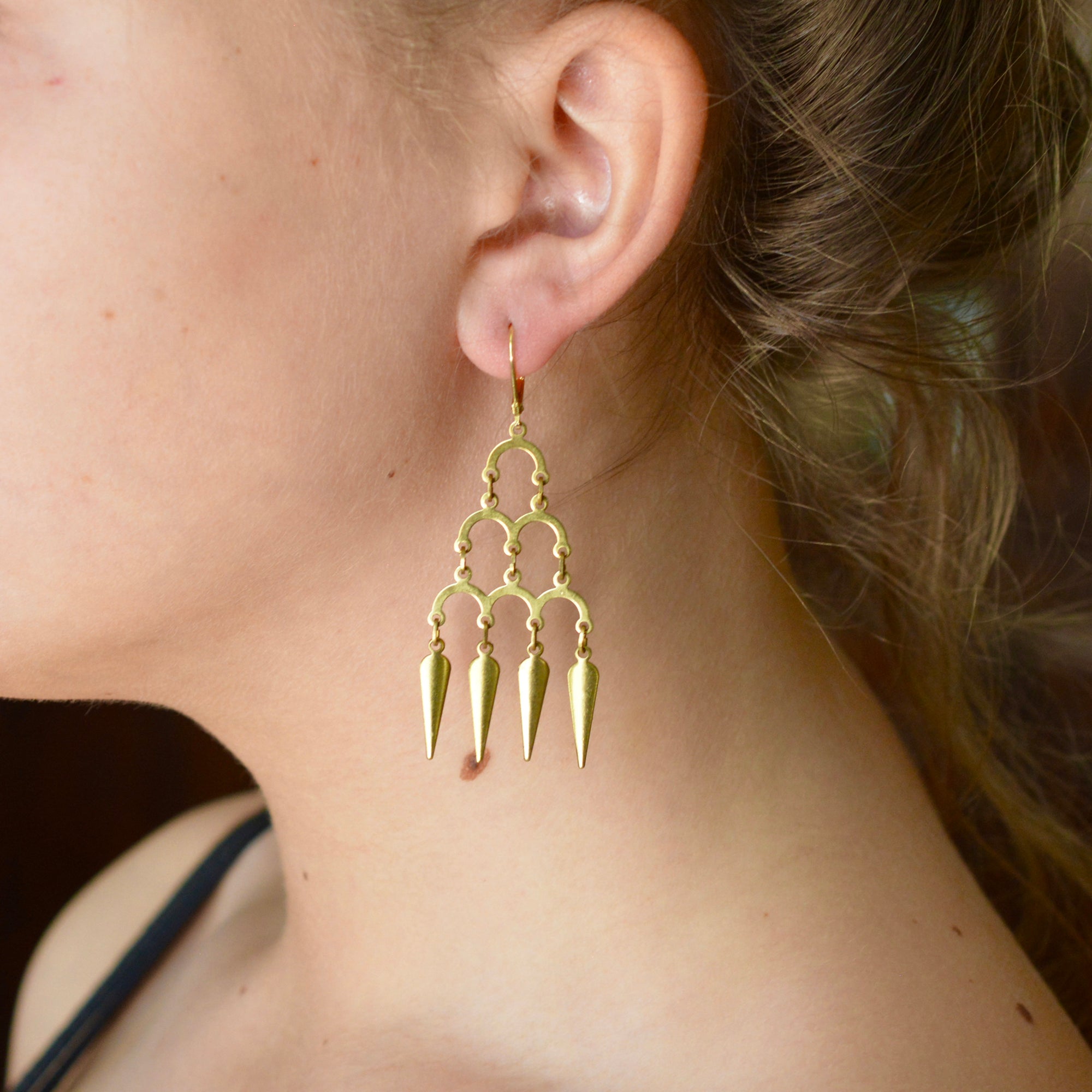 (e6e6e6 background. EARRINGS ON PERSON/DETAIL SHOT/ COLLECTION PHOTO, focal point selected) short description of earrings including materials, length, clasp type etc then "worn on a (description of person)". Then - - these earrings are designed and handmade in Tucson, Arizona by Sofie Albertsen / Tasha Bundy