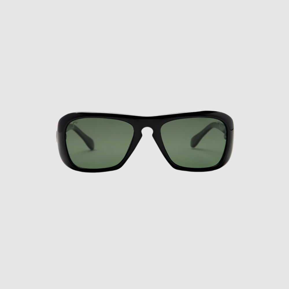 Front view of black, 'Kid Congo' style, Shady Spex sunglasses on a light grey background. 